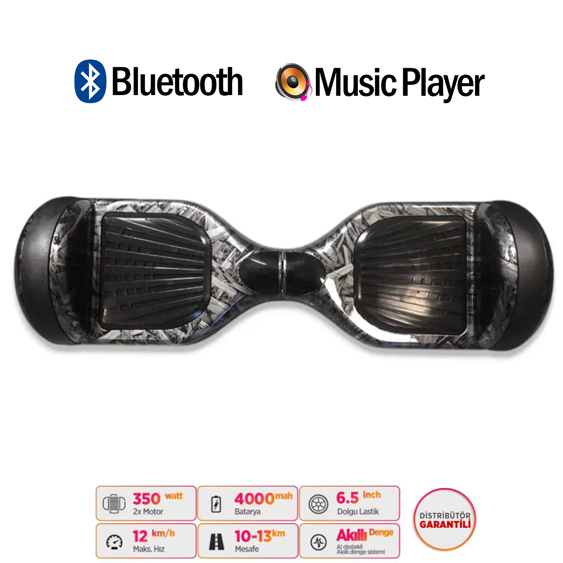 Bluetooth ve müzik çalar özellikli bir hoverboard.