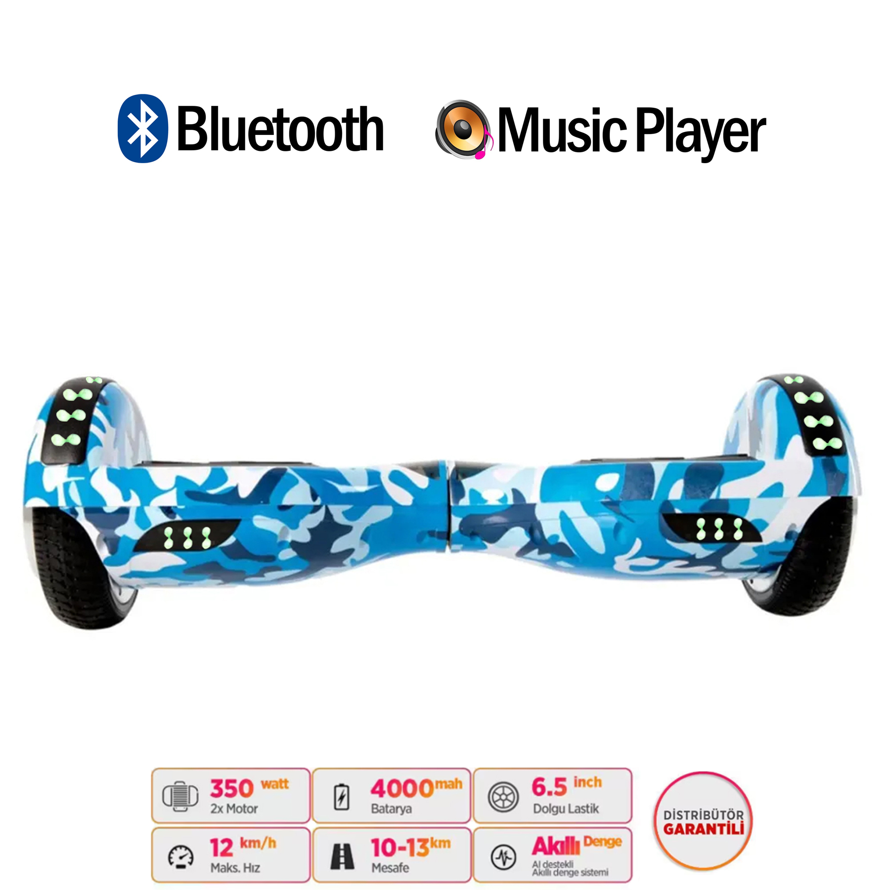 Mavi kamuflaj desenli hoverboard, Bluetooth ve müzik çalar simgeleri ve özellikleri.