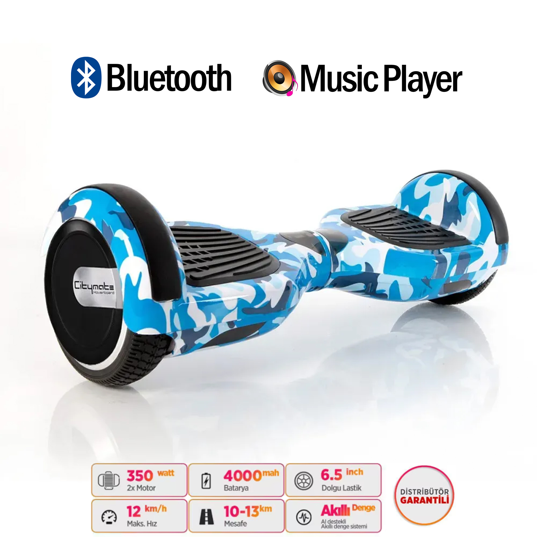 Bluetooth ve müzik çalarlı mavi kamuflajlı hoverboard.