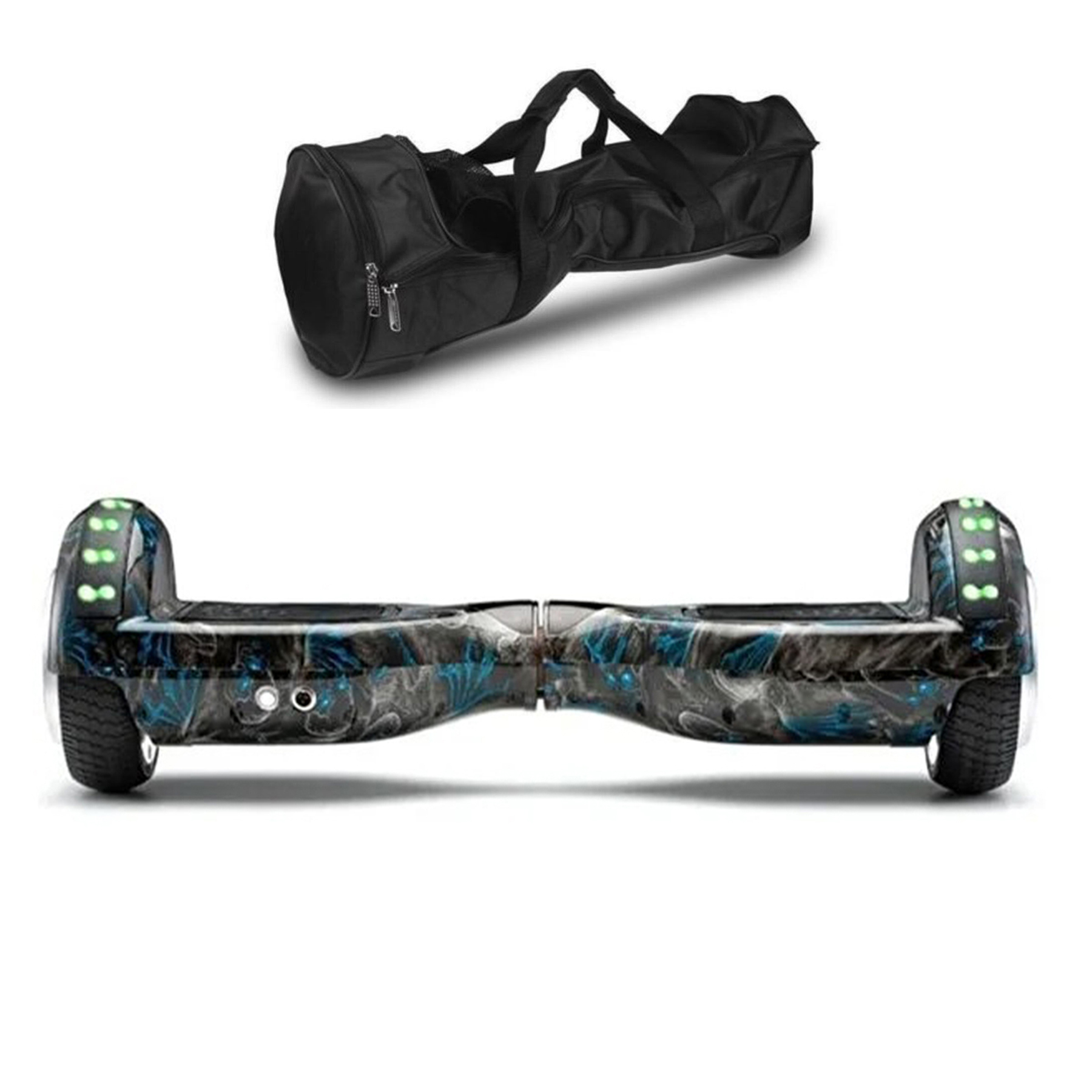 Siyah bir hoverboard taşıma çantası, mavi desenli bir hoverboardun üzerindedir.