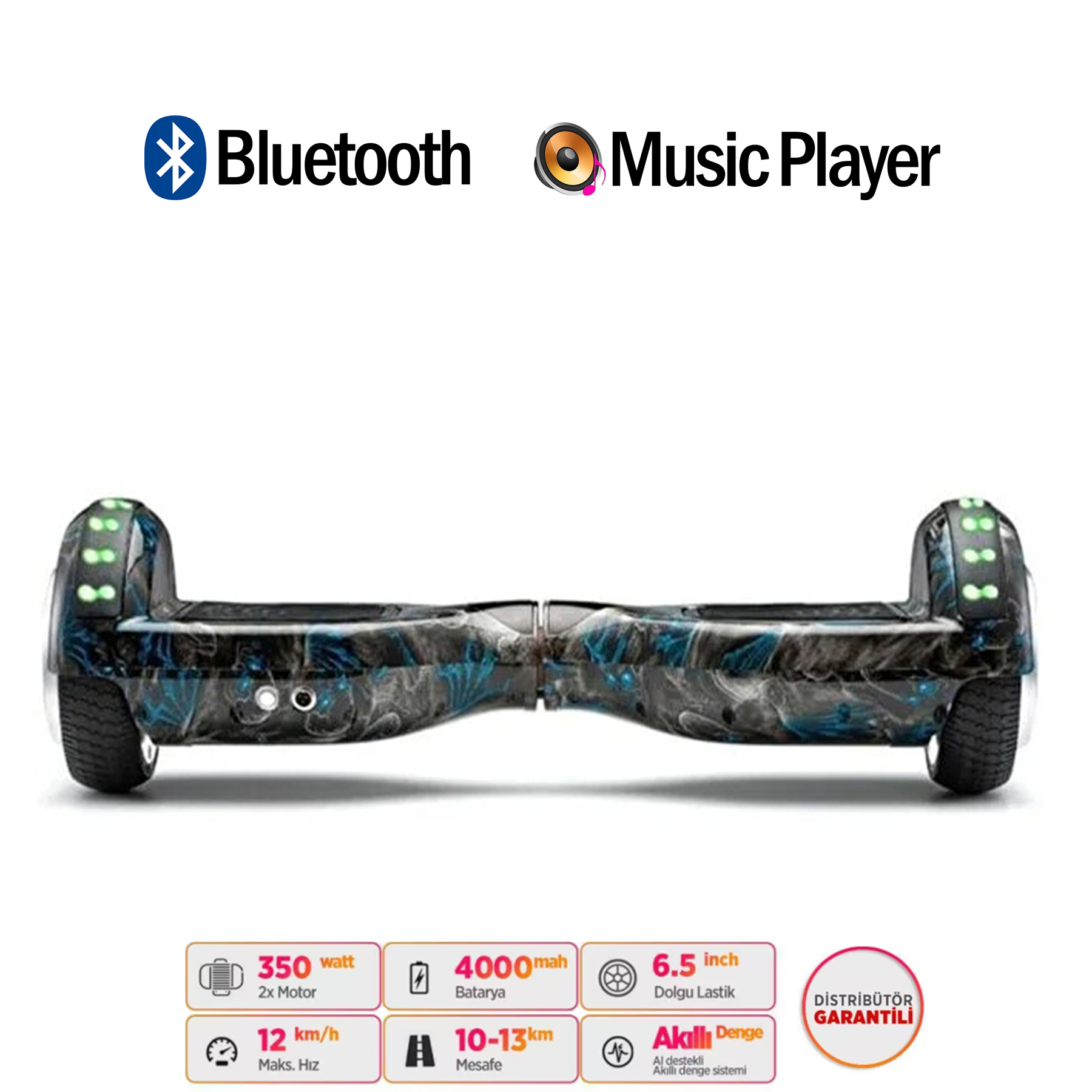 Mavi desenli siyah hoverboard, Bluetooth ve müzik çalar özellikleri.