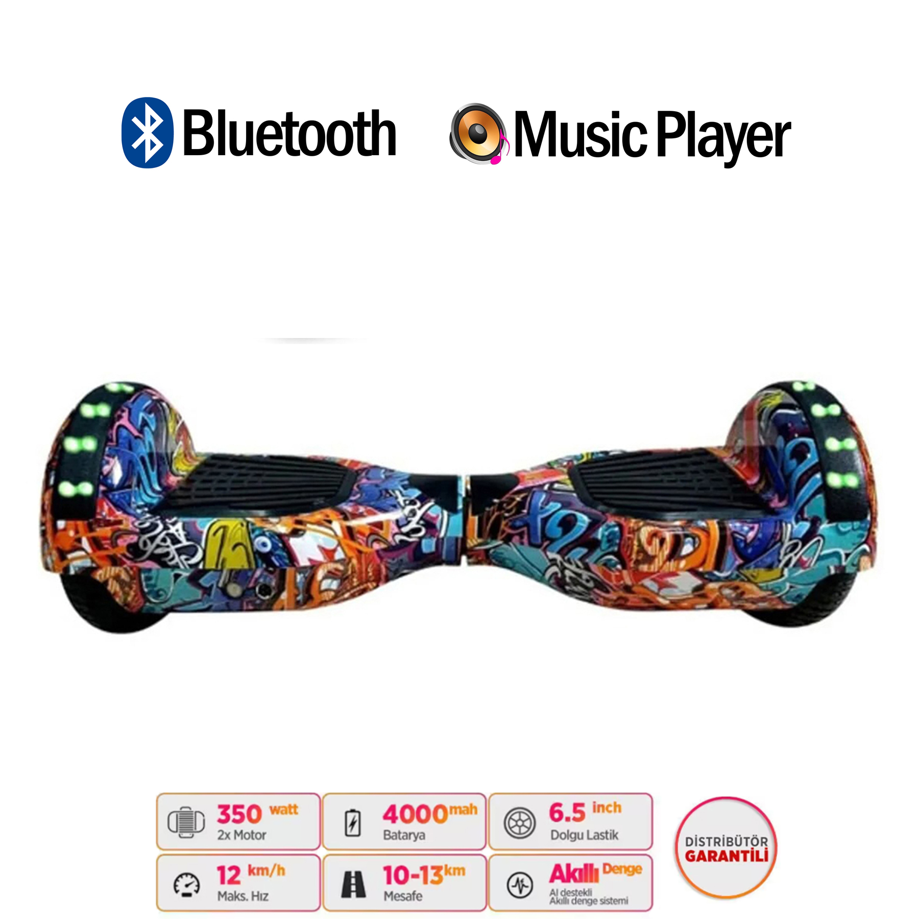 Graffiti desenli, Bluetooth ve müzik çalar özellikli hoverboard.
