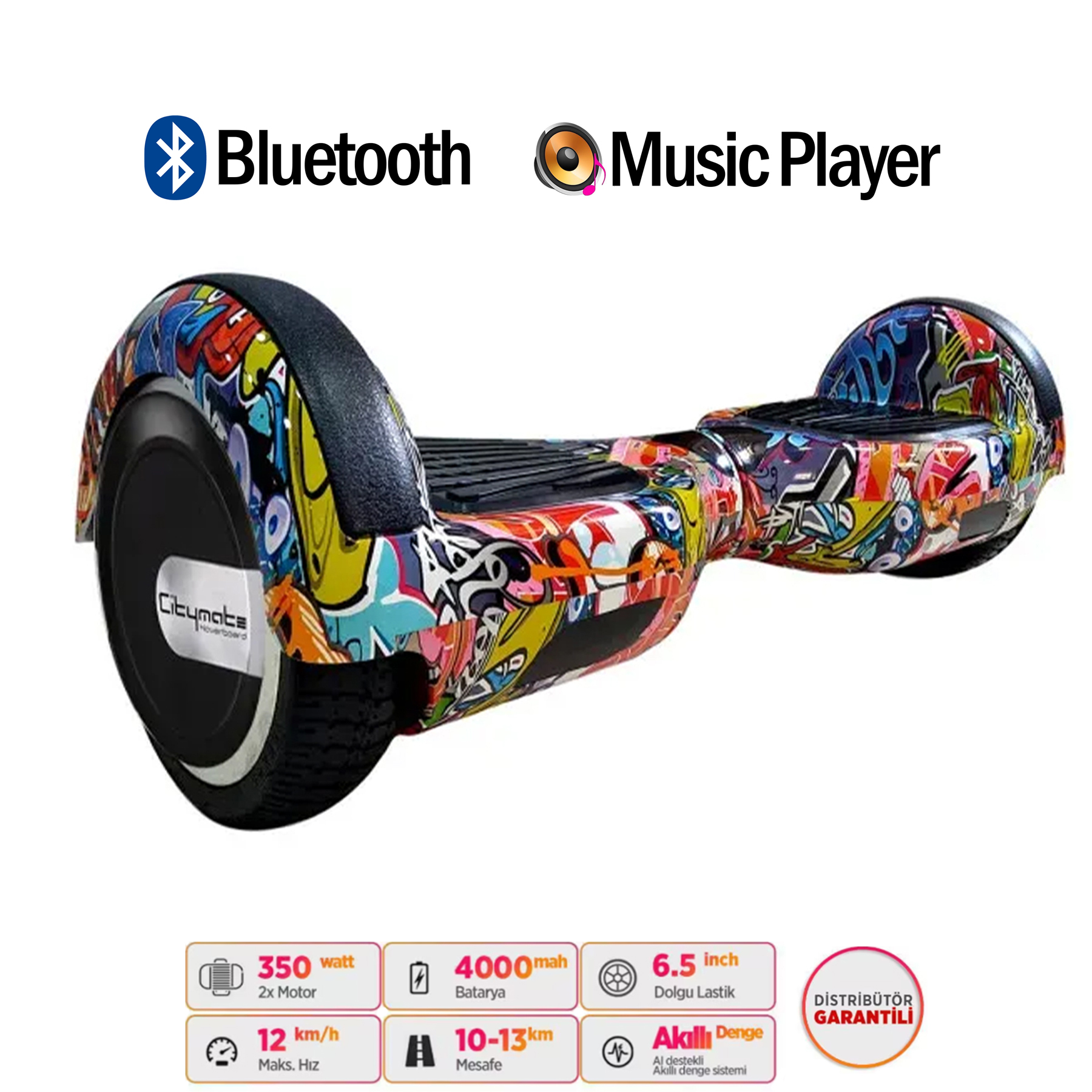 Renkli, grafiti desenli hoverboard, Bluetooth ve müzik çalar özellikli.