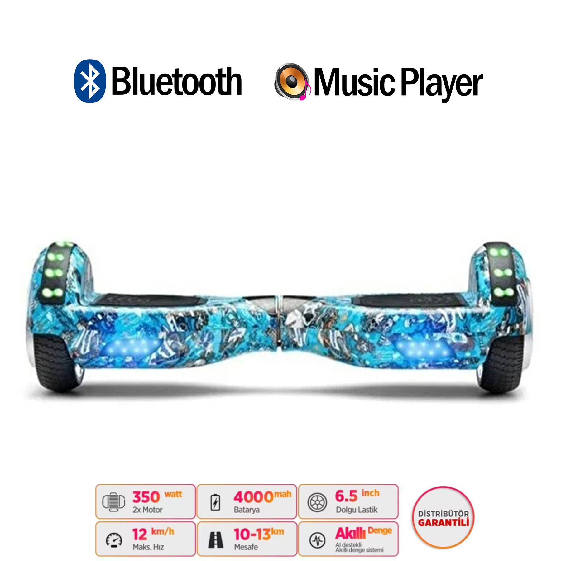 Mavi desenli hoverboard, ışık detayları ve teknik özellikler.