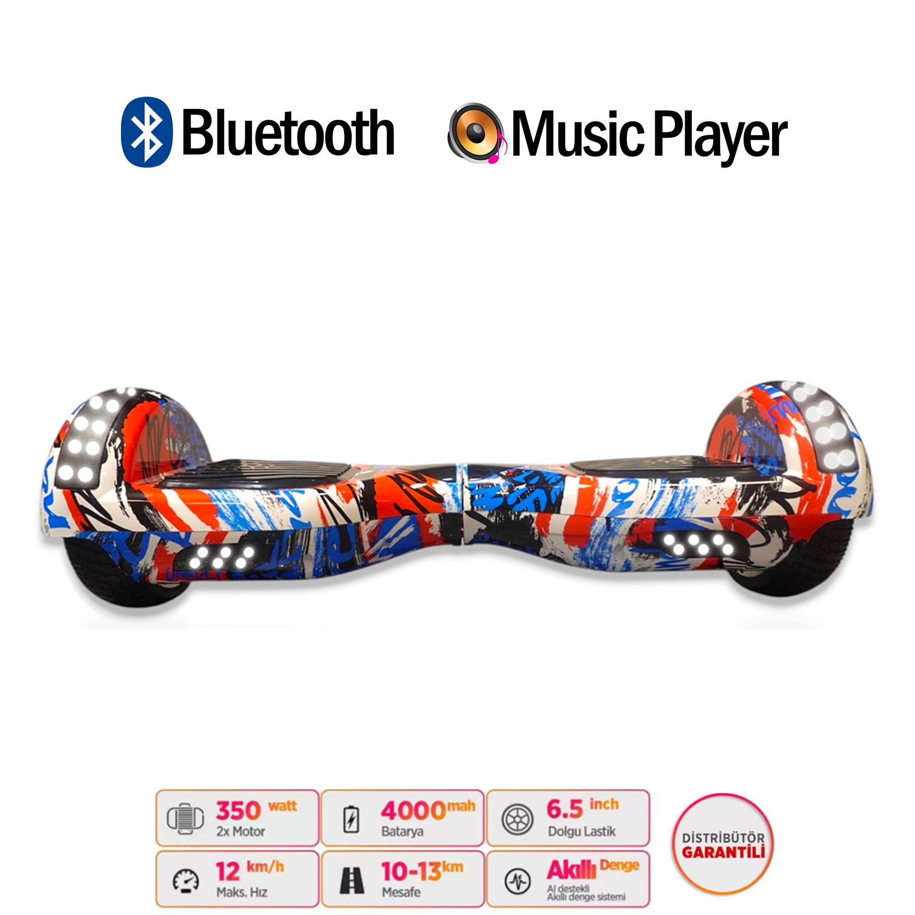 Bluetooth ve Müzik Çalar özellikli renkli hoverboard.