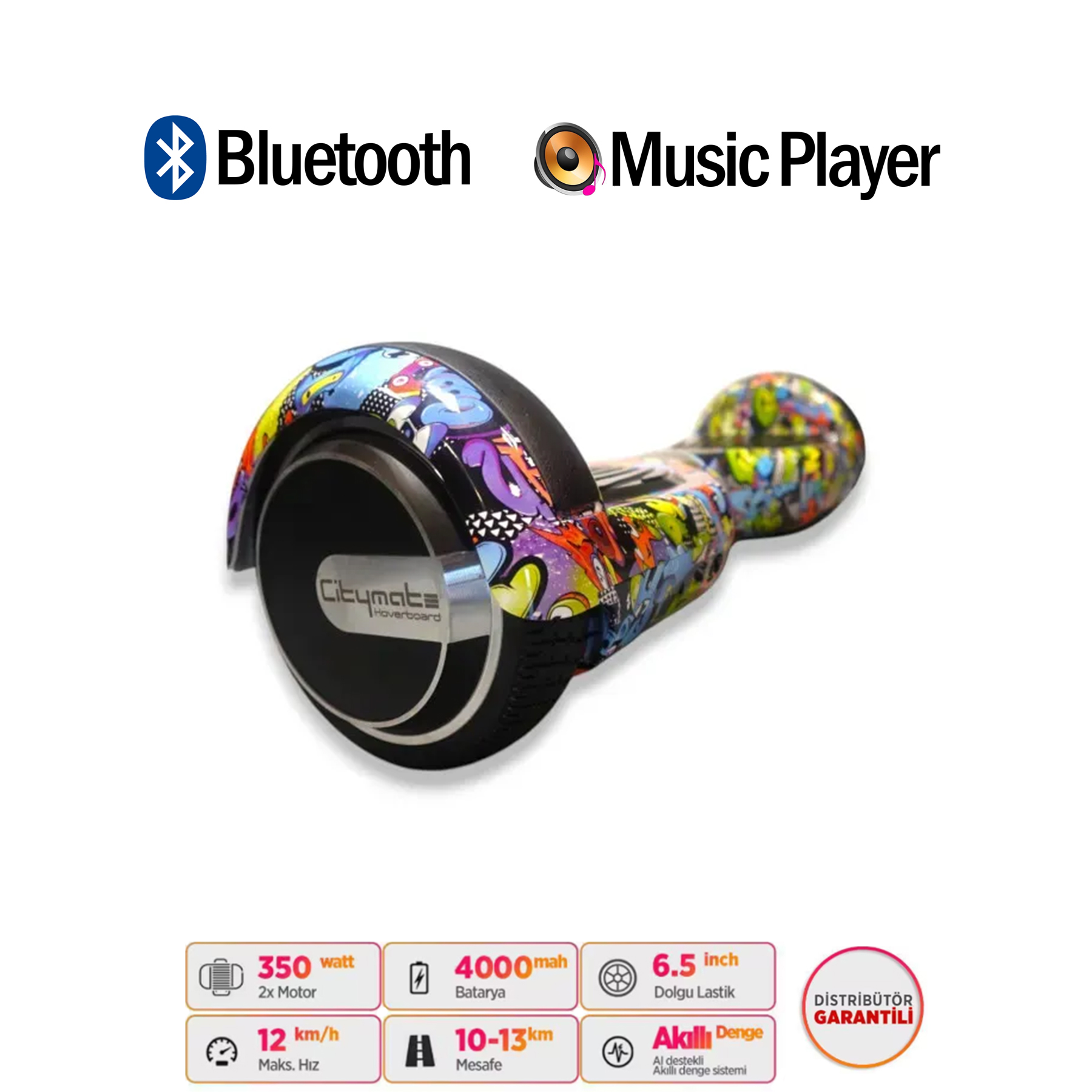 Bluetooth ve müzik çalarlı renkli hoverboard.