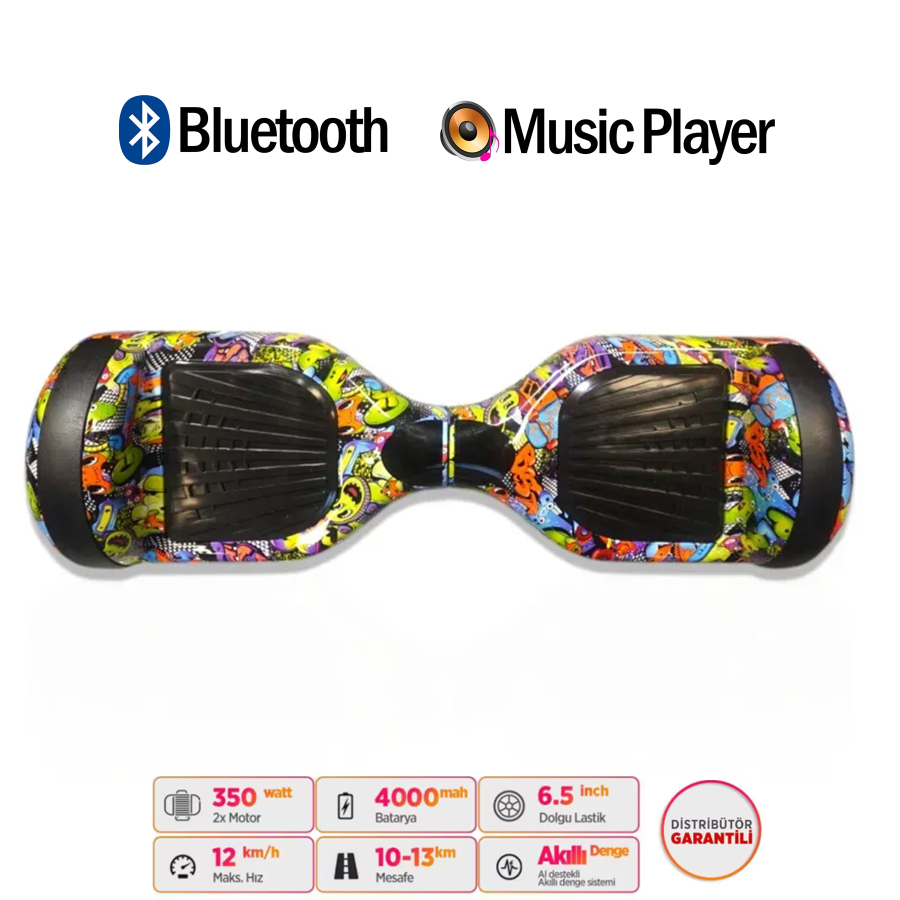 Bluetooth ve müzik çalar özellikli renkli bir hoverboard.