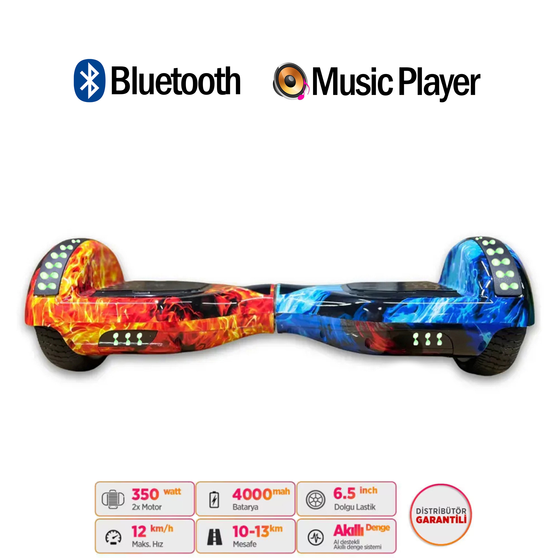 Yarı kırmızı/turuncu, yarı mavi/beyaz alev desenli hoverboard.