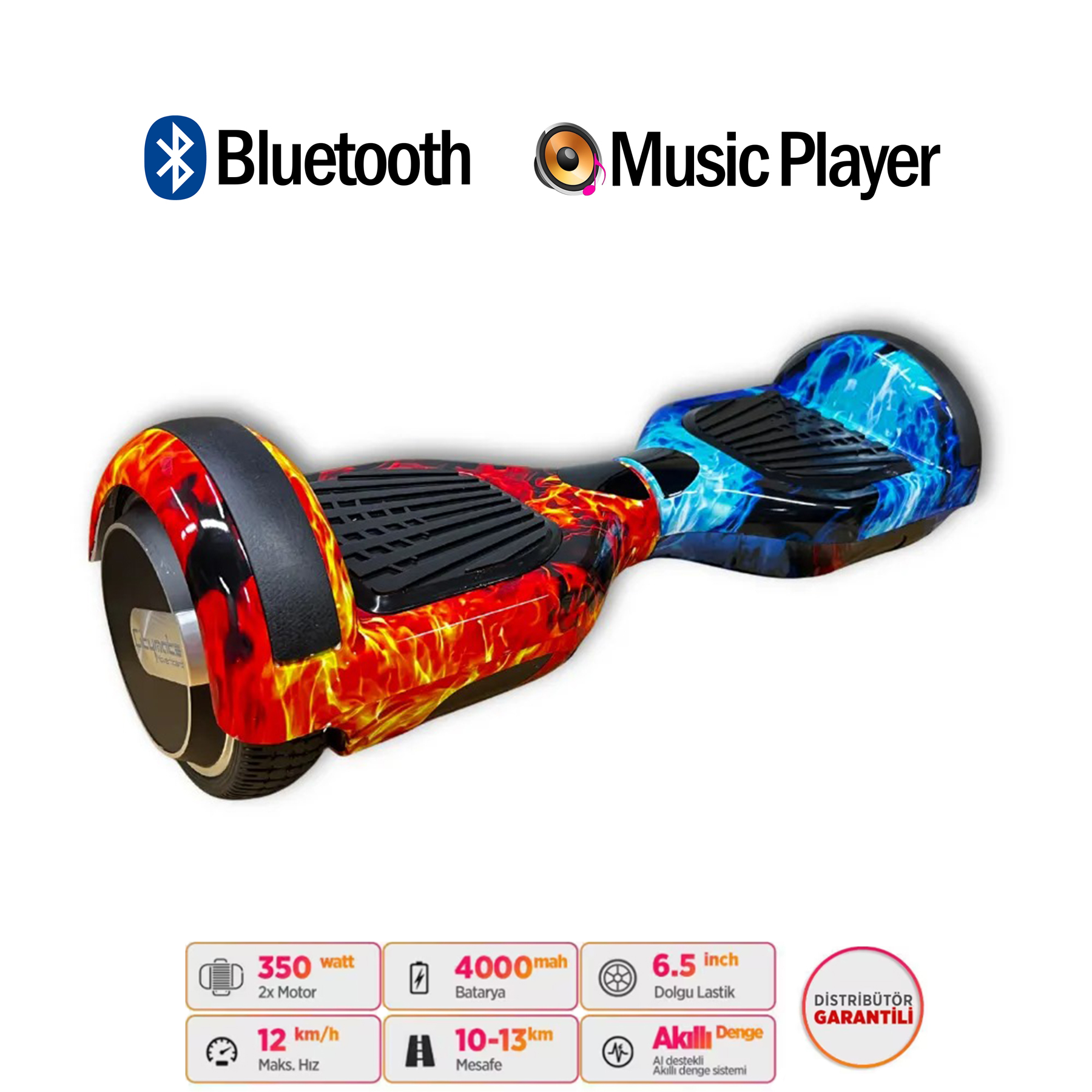 Alev ve mavi desenli hoverboard, Bluetooth ve müzik çalar.