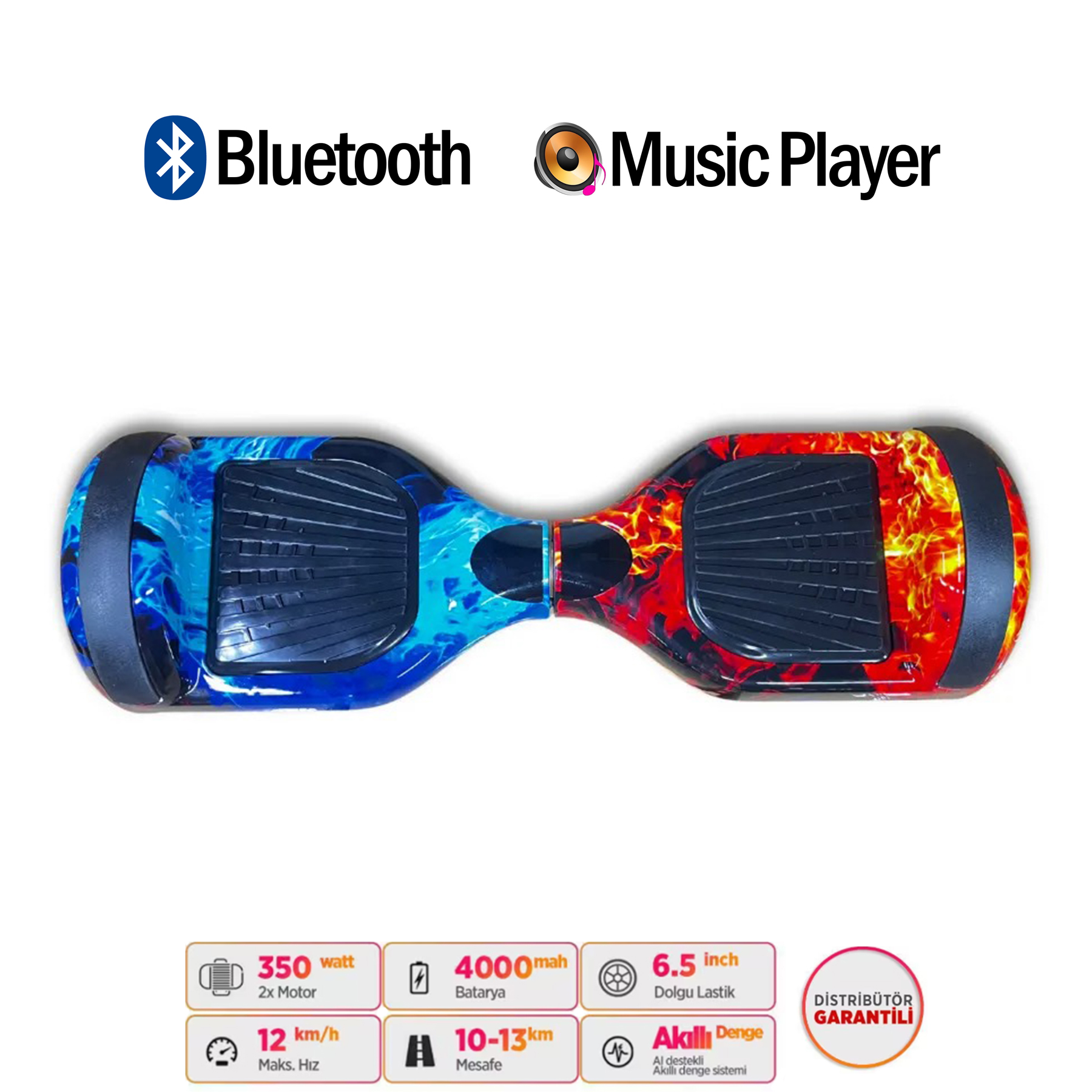 Alev ve buz tasarımlı, Bluetooth ve müzik çalar simgeli hoverboard.