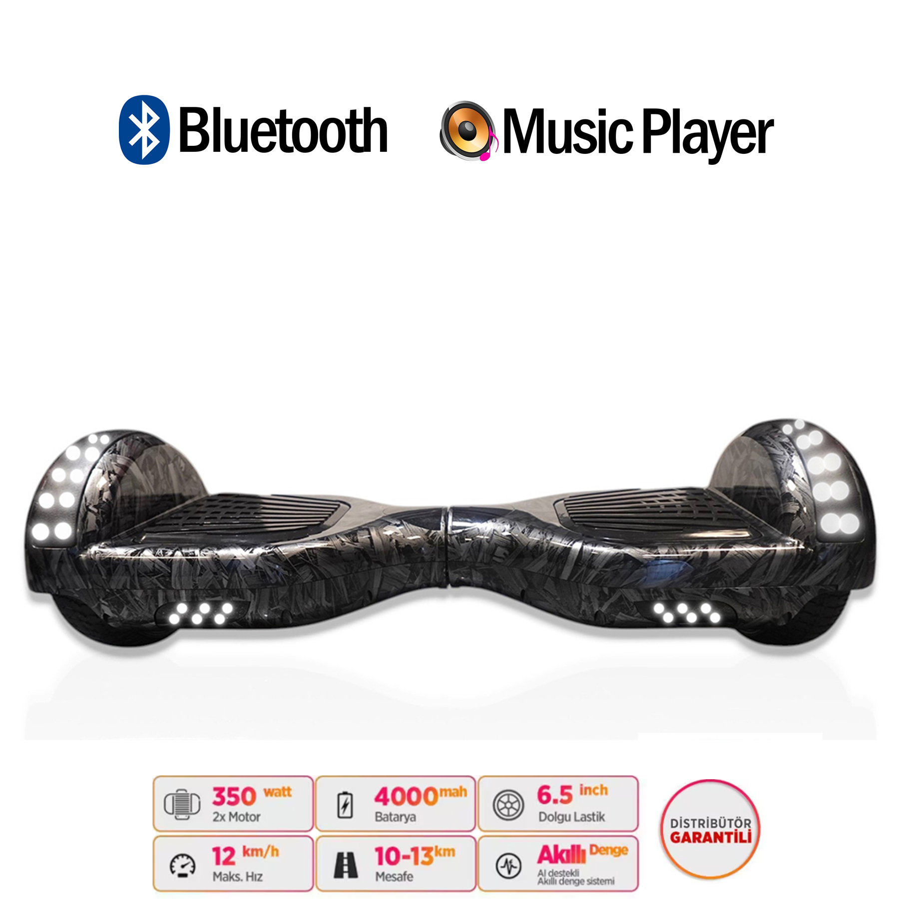 Işıklı ve teknik özelliklere sahip siyah-gri hoverboard.