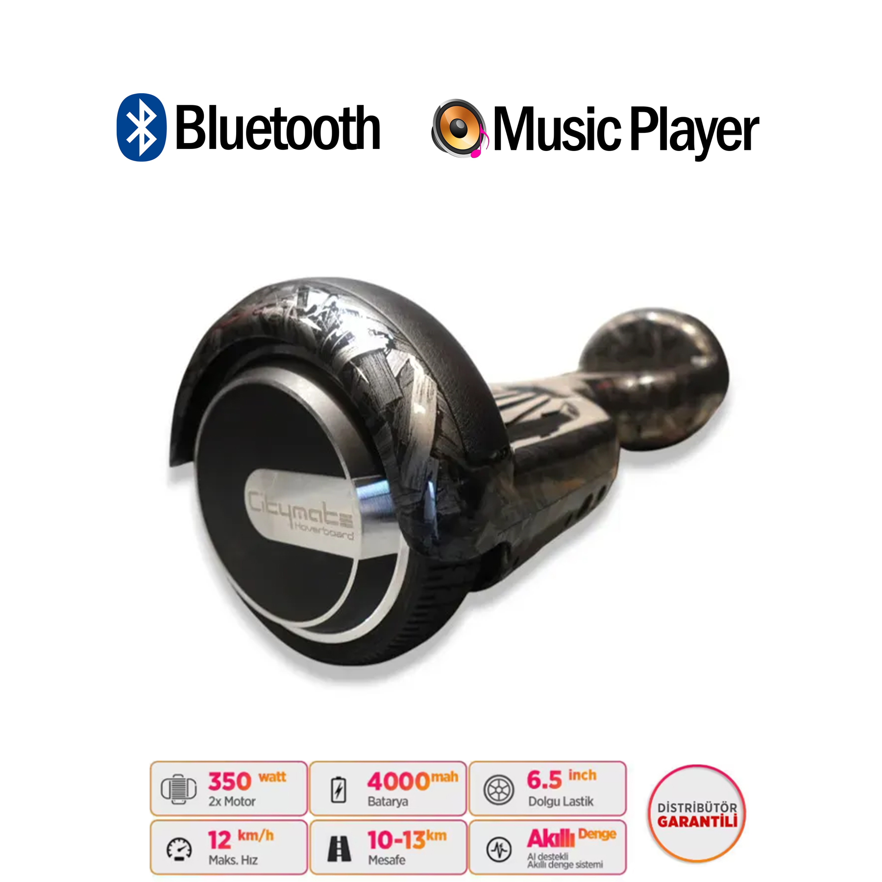 Bluetooth ve müzik çalar özellikli siyah hoverboard.