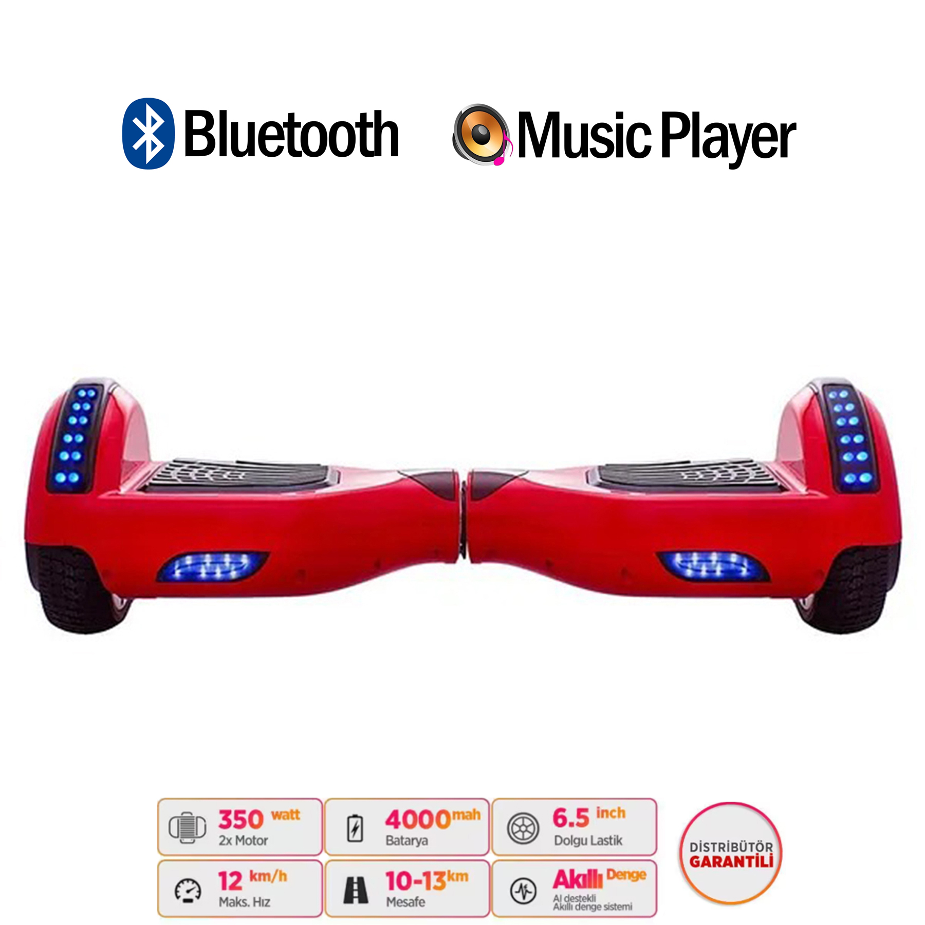 Mavi ışıklı, Bluetooth ve müzik çalarlı kırmızı hoverboard. Özellikler gösteriliyor.
