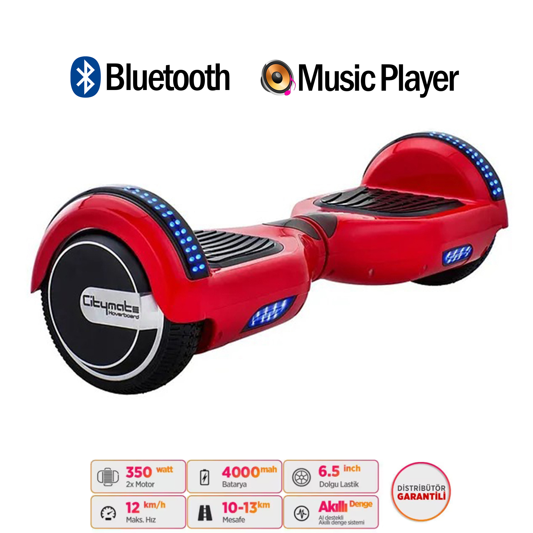 Mavi ışıklı, Bluetooth ve müzik çalar simgeli kırmızı hoverboard.