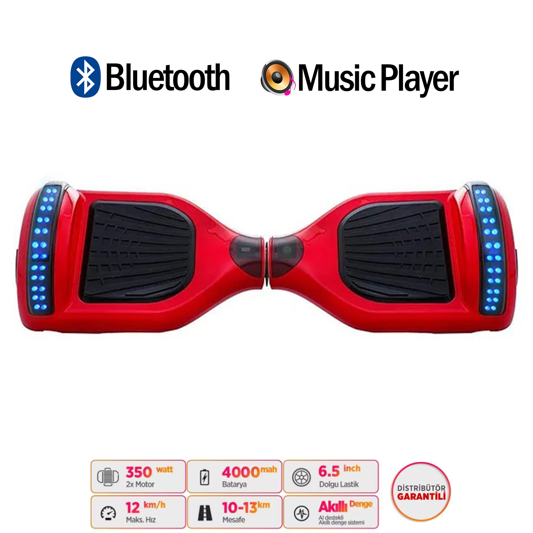 Mavi ışıklı kırmızı hoverboard, 350W, 4000mAh, 12km/sa özellikli.