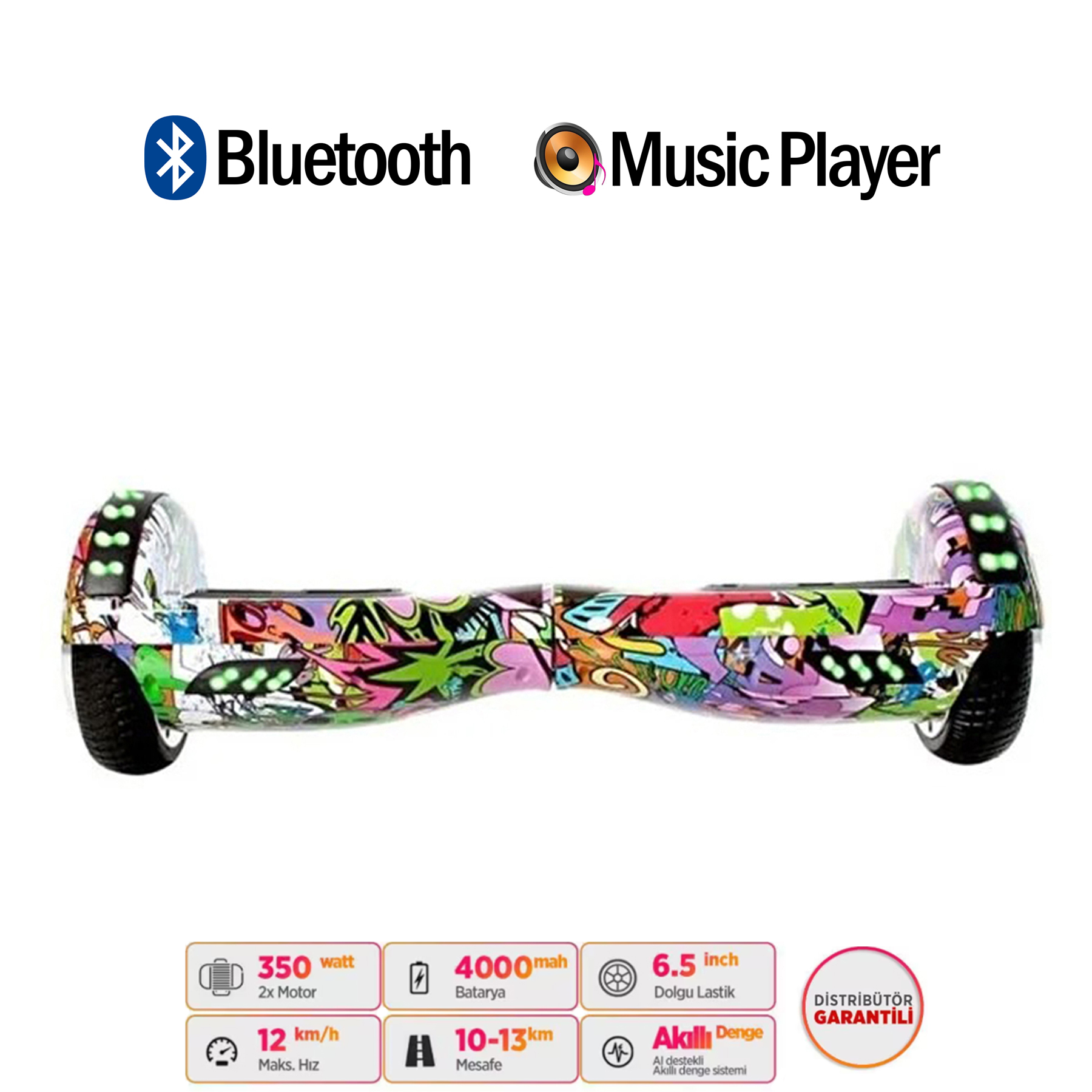Renkli graffiti tasarımlı, Bluetooth ve müzik çalar simgeli, teknik özelliklere sahip bir hoverboard.