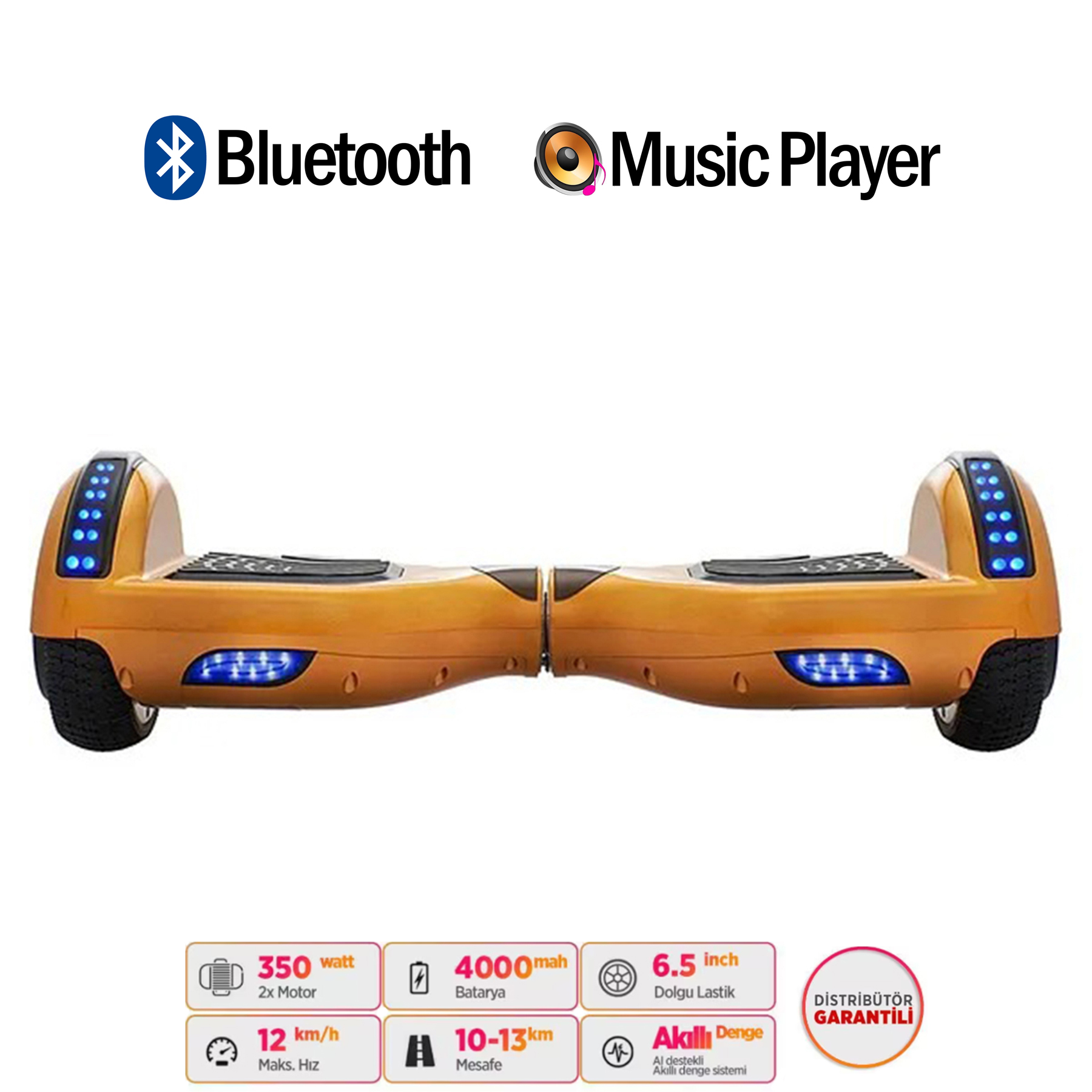 Mavi ışıklı, turuncu hoverboard ve özellikleri.