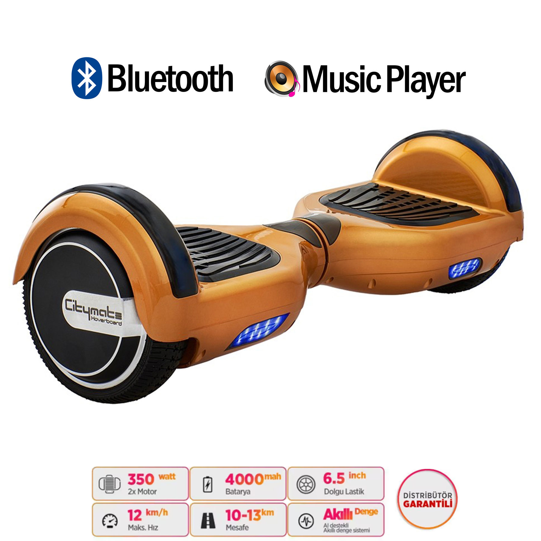 Bluetooth ve müzik çalar özellikli turuncu hoverboard, ayrıntılı özellikler gösteriliyor.