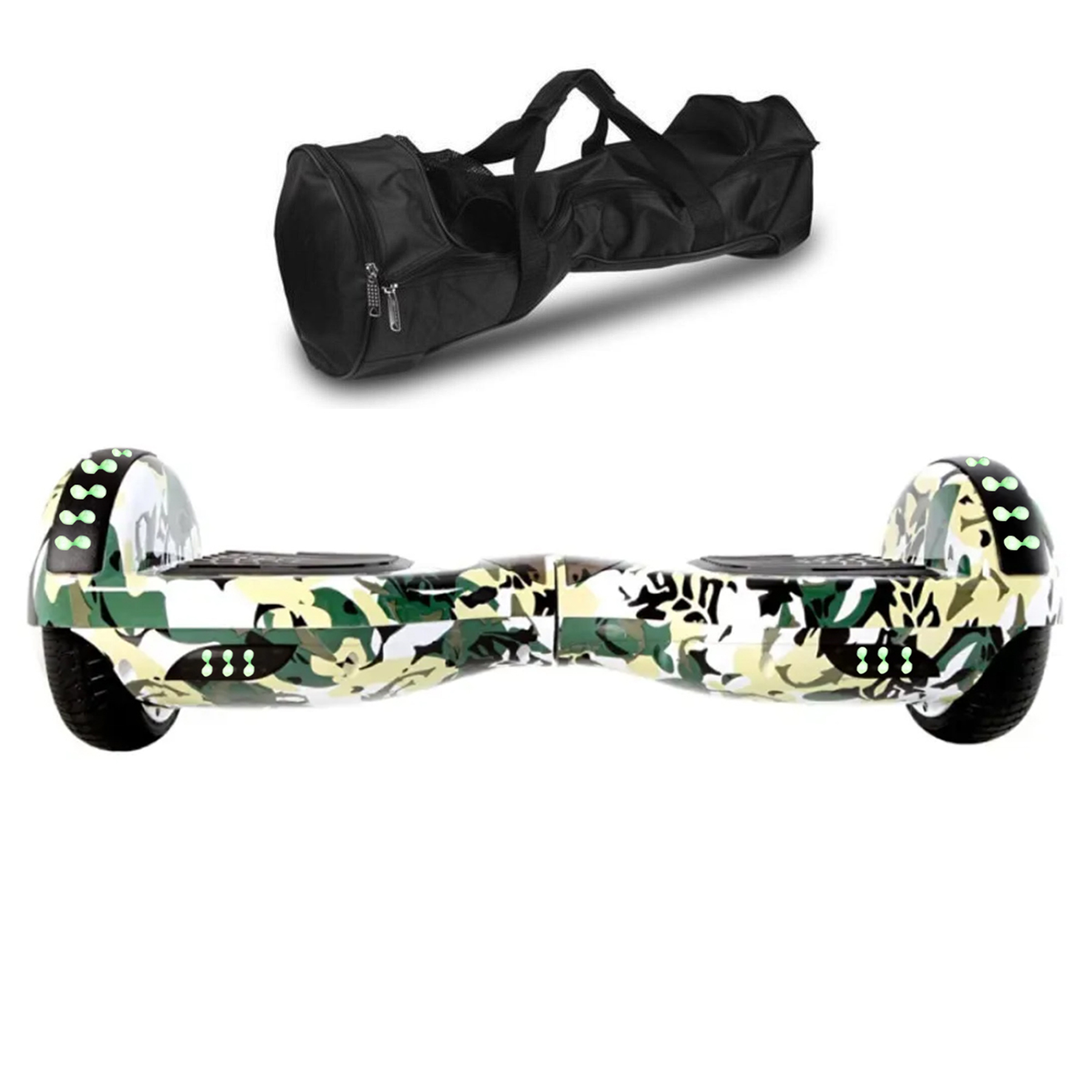 Kamuflaj desenli hoverboard ve siyah taşıma çantası.