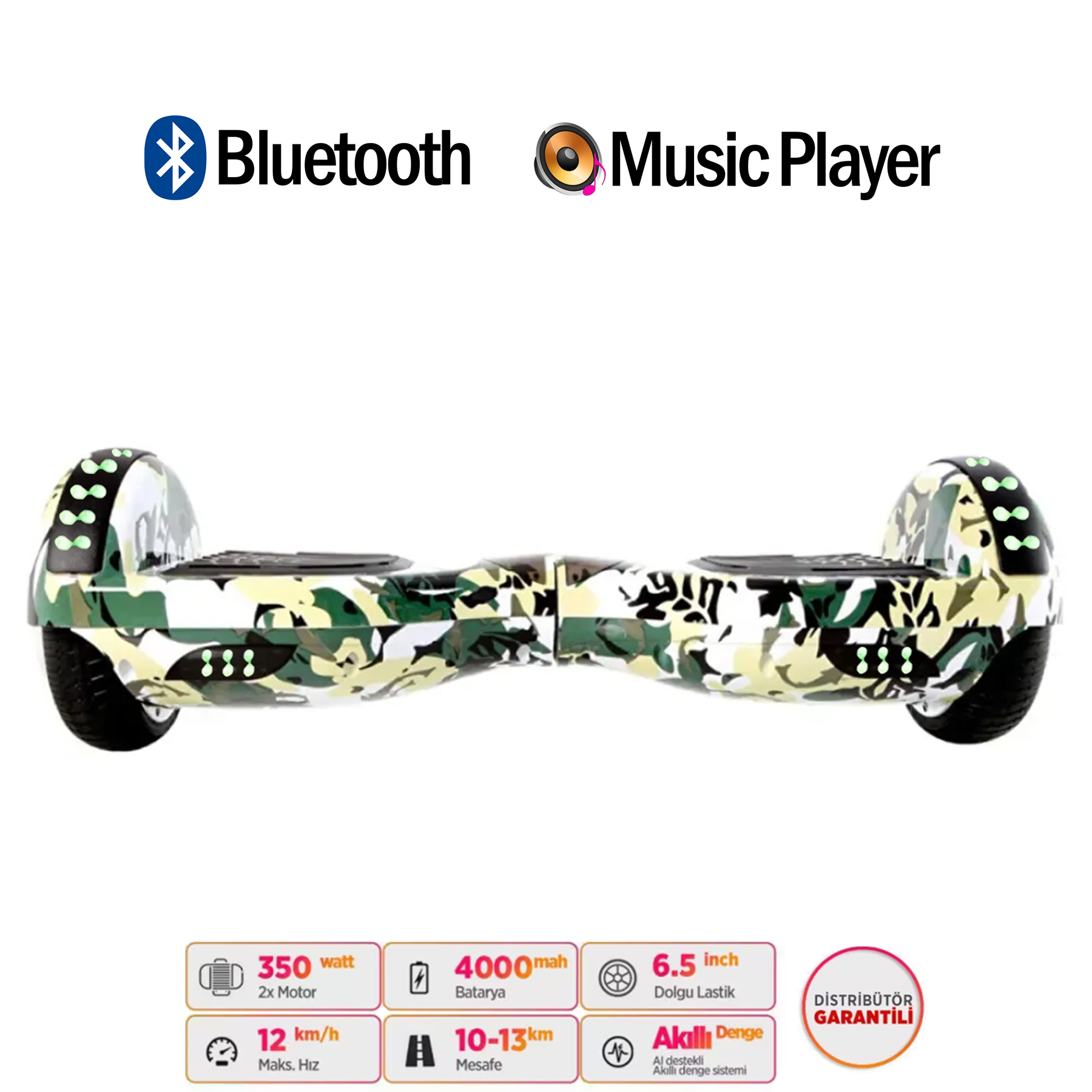 Bluetooth ve müzik çalar özellikli kamuflaj desenli hoverboard. Özellikler: 350W, 4000mAh, 6,5 inç tekerlek.