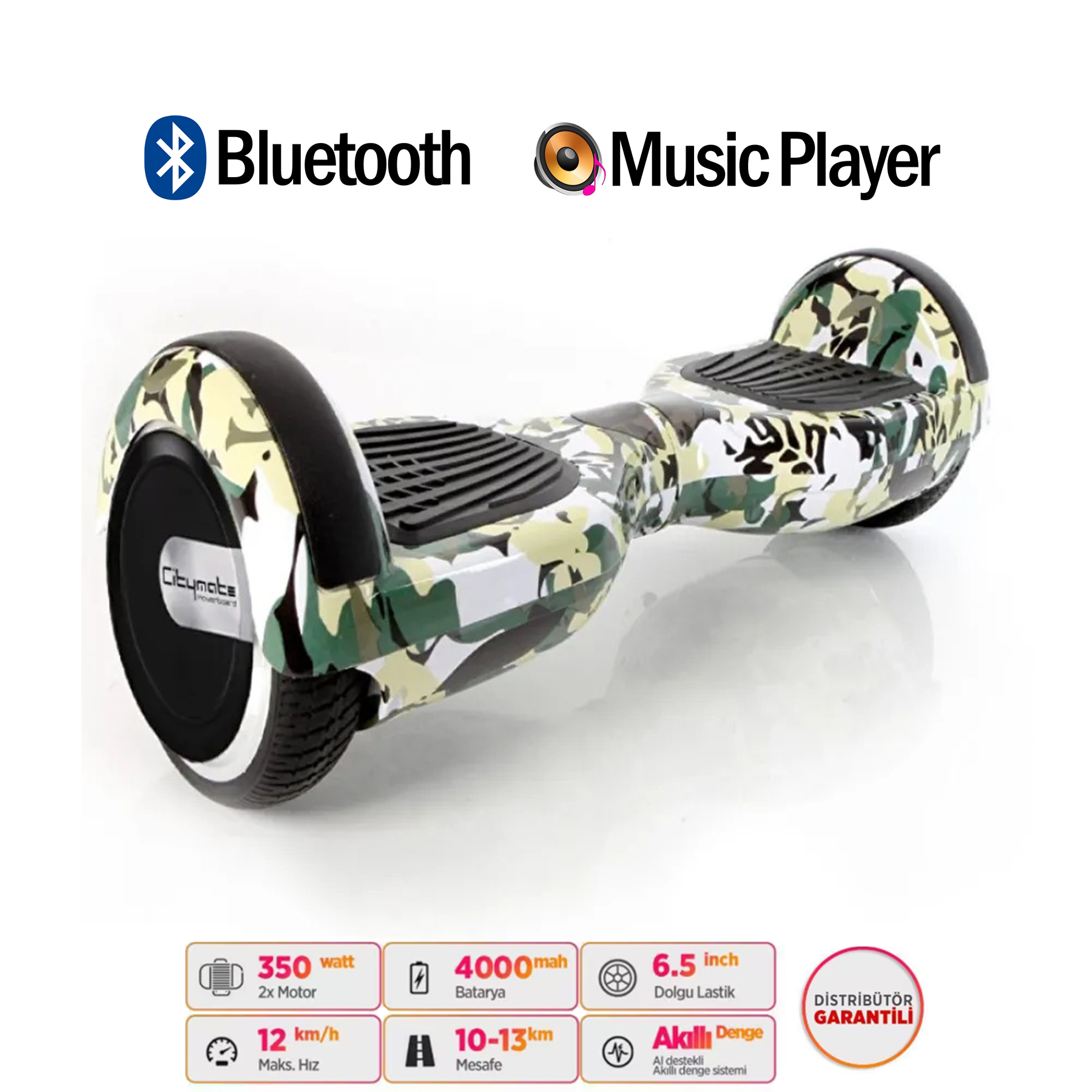 Bluetooth ve müzik çalarlı kamuflaj desenli hoverboard.