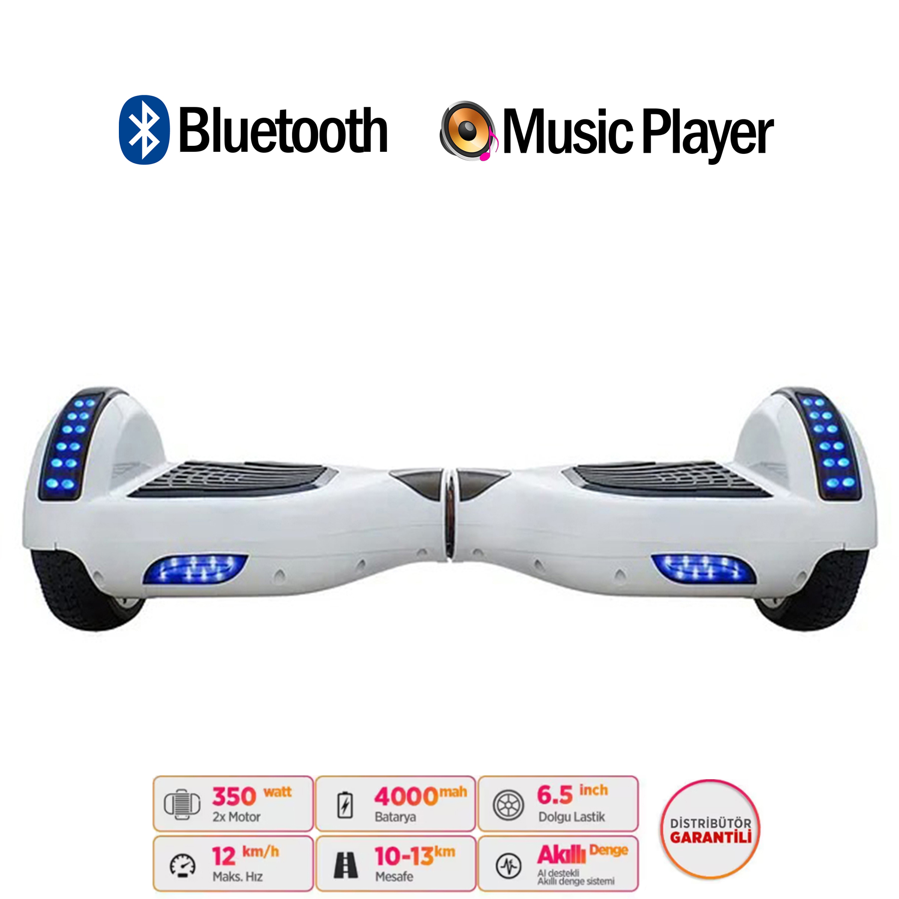 Mavi ışıklı beyaz hoverboard, 350 watt, 4000 mAh, 6,5 inç.