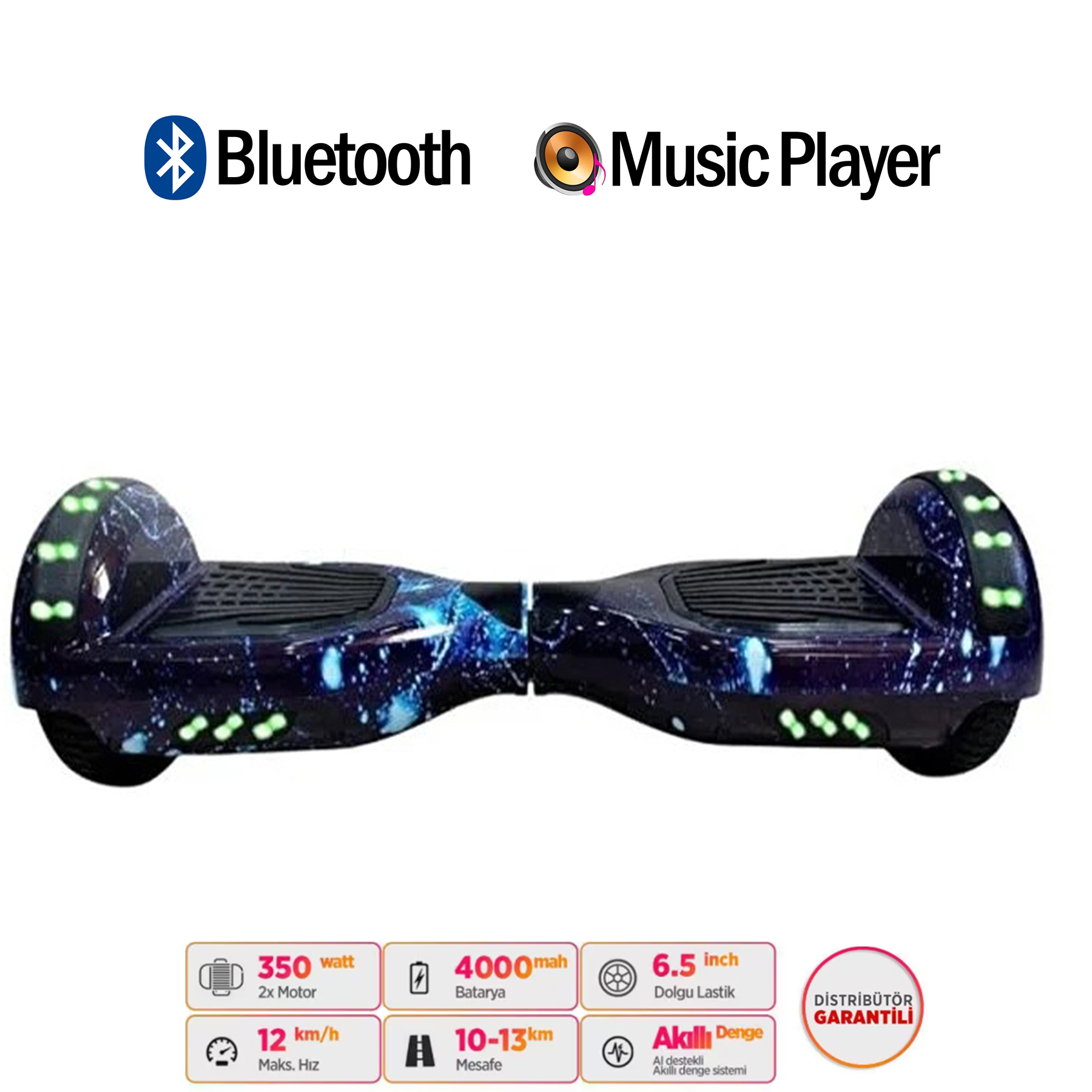 Bluetooth ve Müzik Çalar simgelerine sahip mavi, yıldız desenli hoverboard.