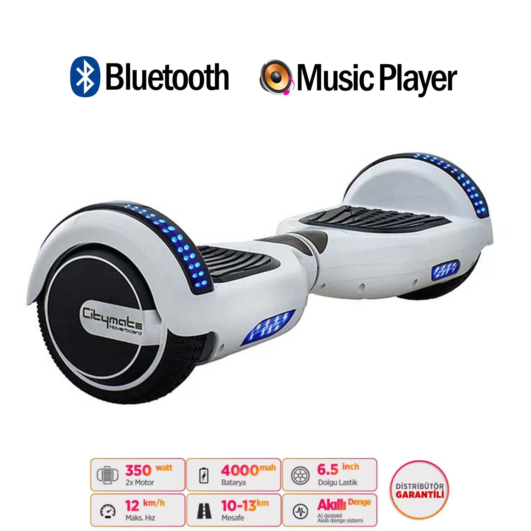 Mavi ışıklı, Bluetooth ve müzik çalar simgeli beyaz hoverboard.