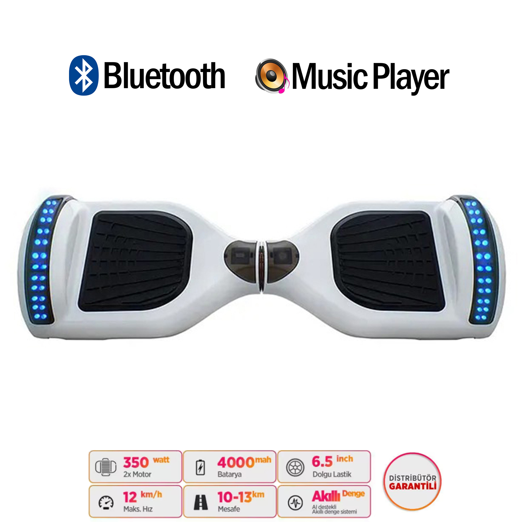 Mavi ışıklı ve özellikli beyaz hoverboard.