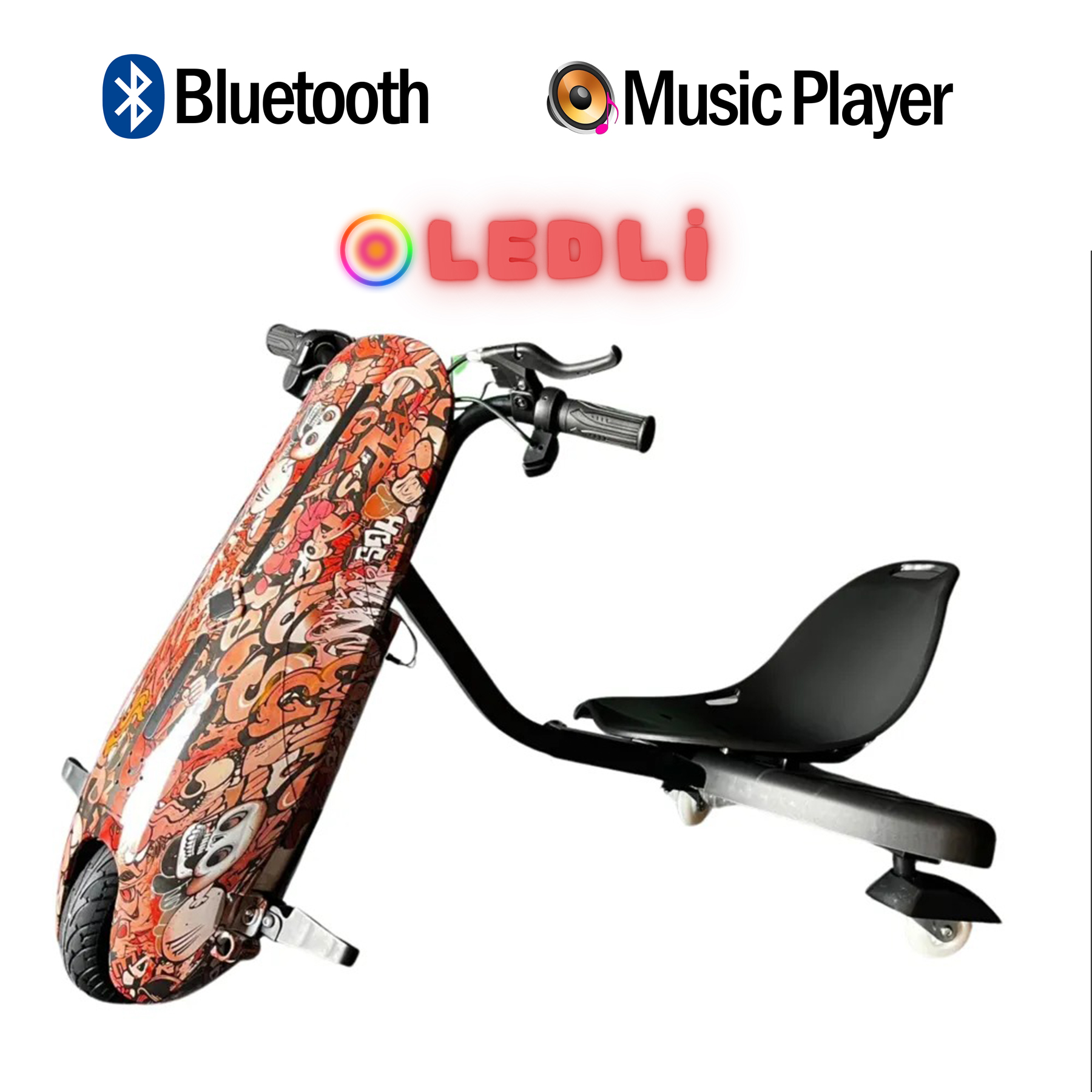 Graffiti tasarımlı, Bluetooth ve müzik çalar simgeli üç tekerlekli scooter.