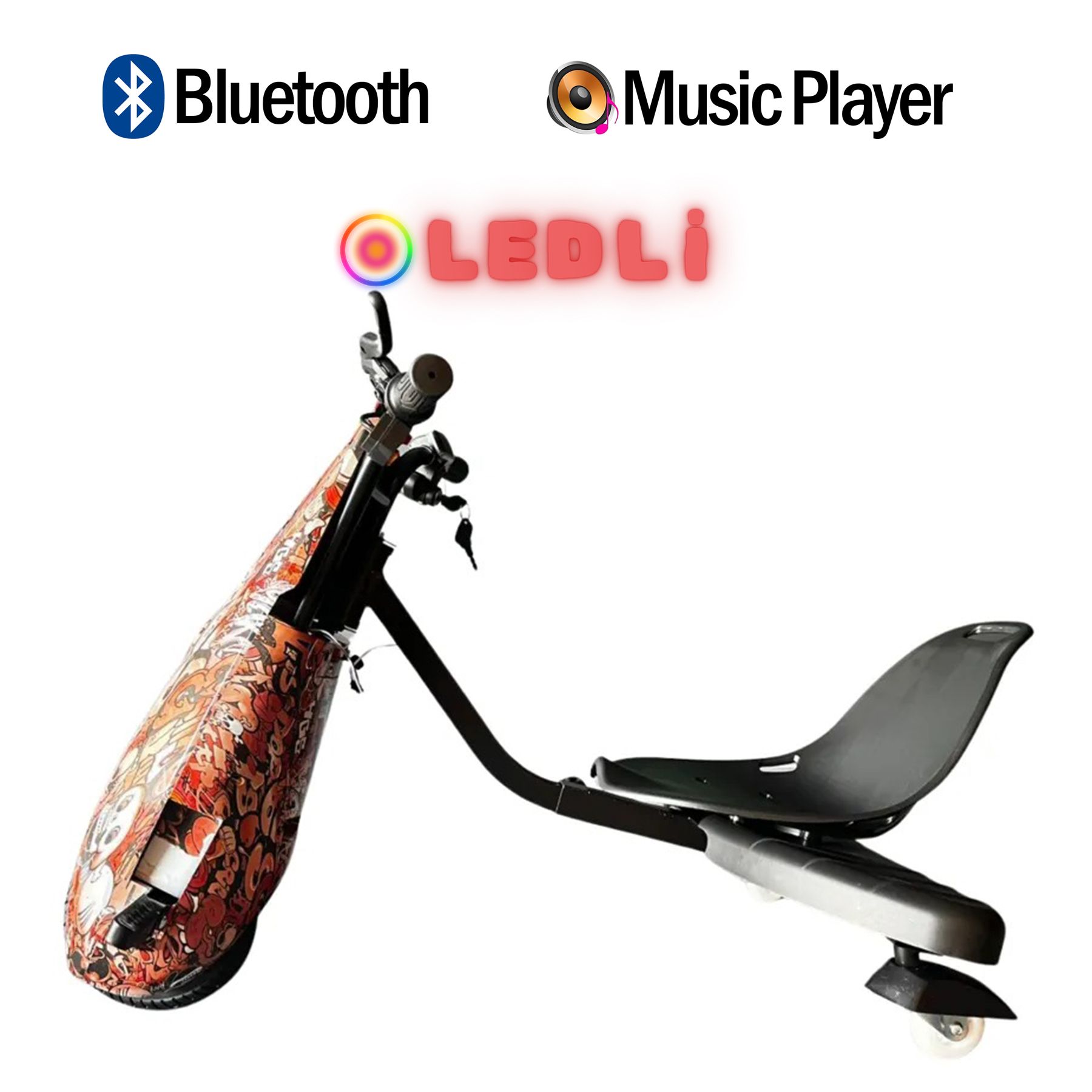 Renkli grafiklere sahip bir scooter üzerinde mavi Bluetooth sembolü ve müzik çalar simgesi.
