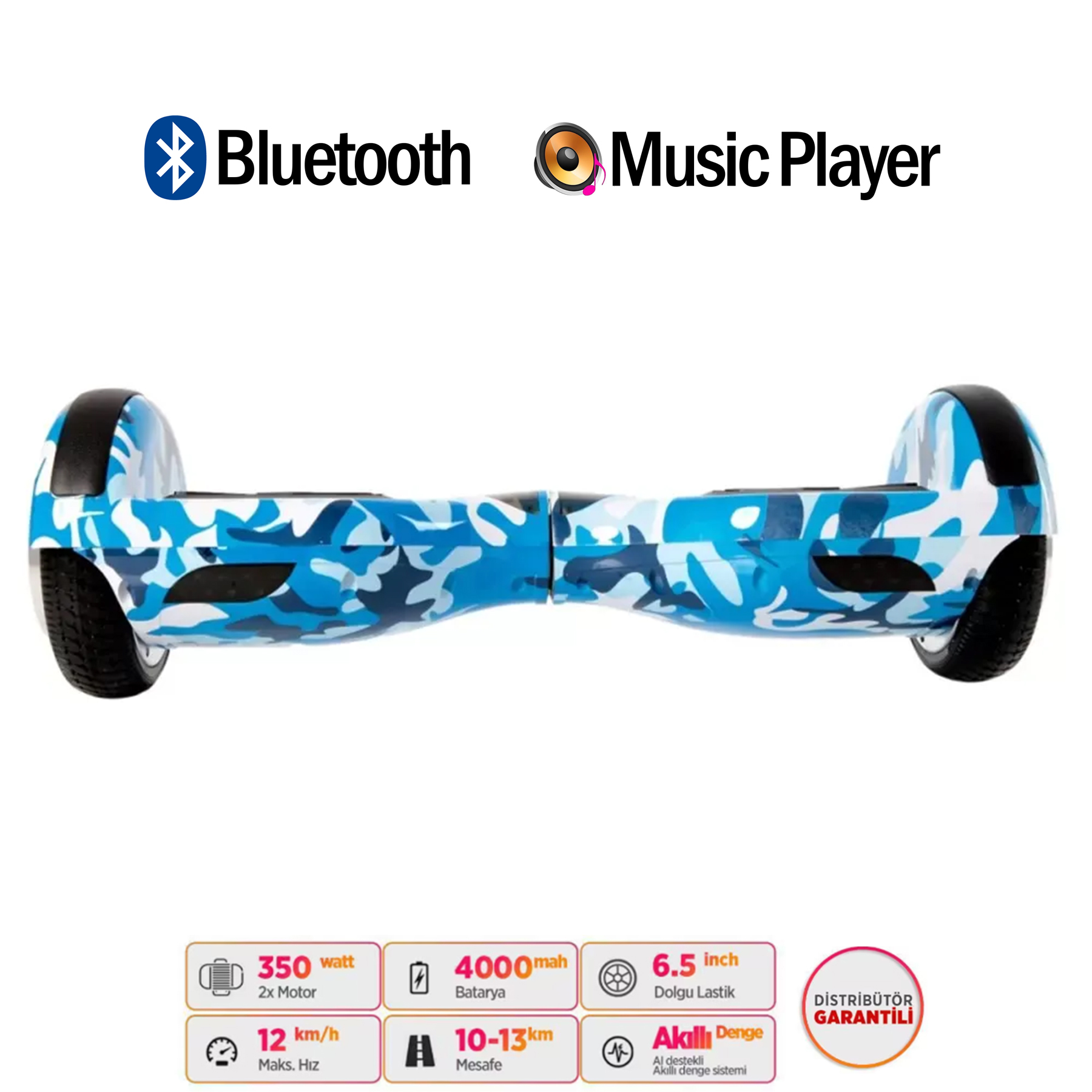 Mavi-beyaz kamuflaj desenli Bluetooth ve müzik çalar özellikli hoverboard.