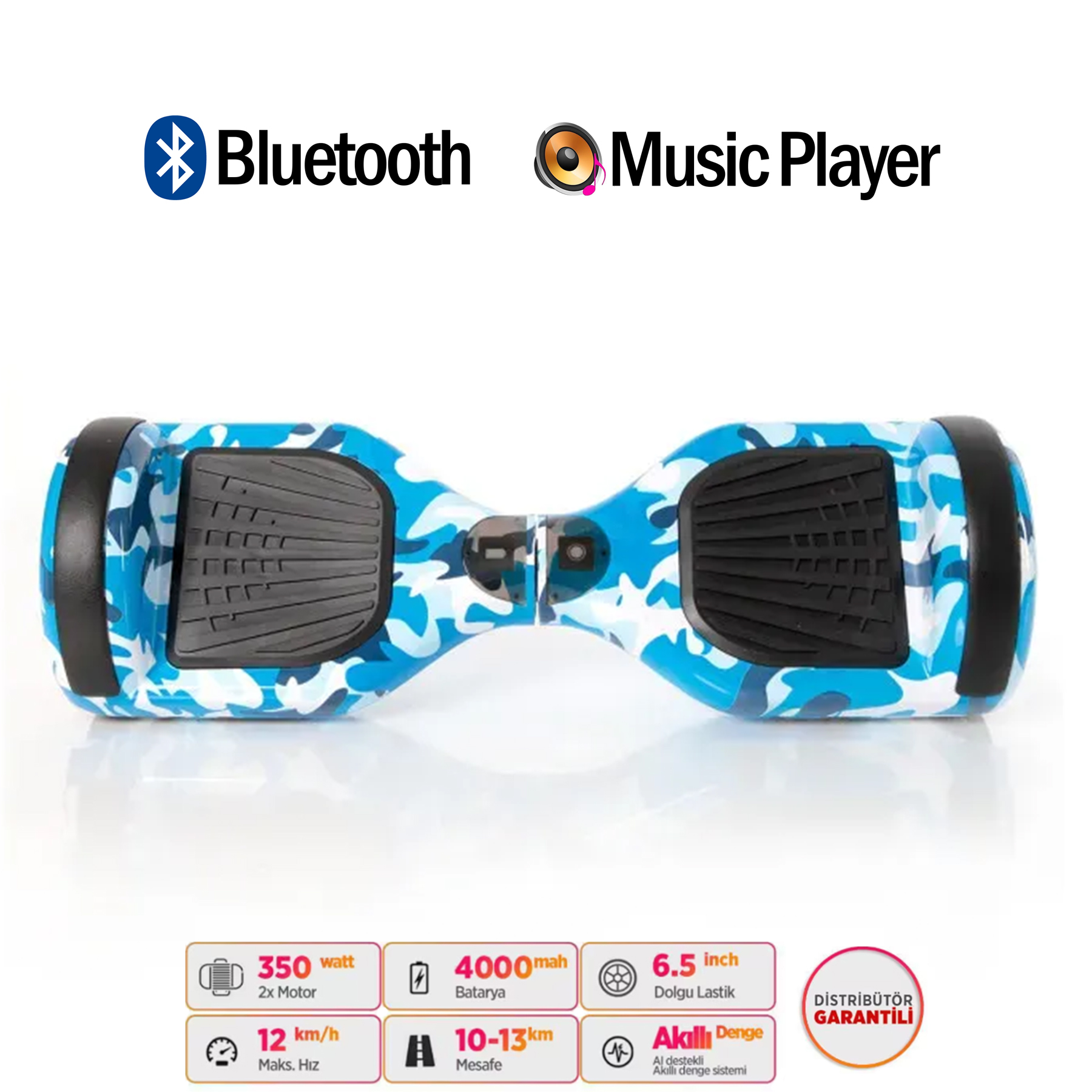 Bluetooth ve müzik çalar özellikli mavi-beyaz kamuflaj desenli hoverboard.