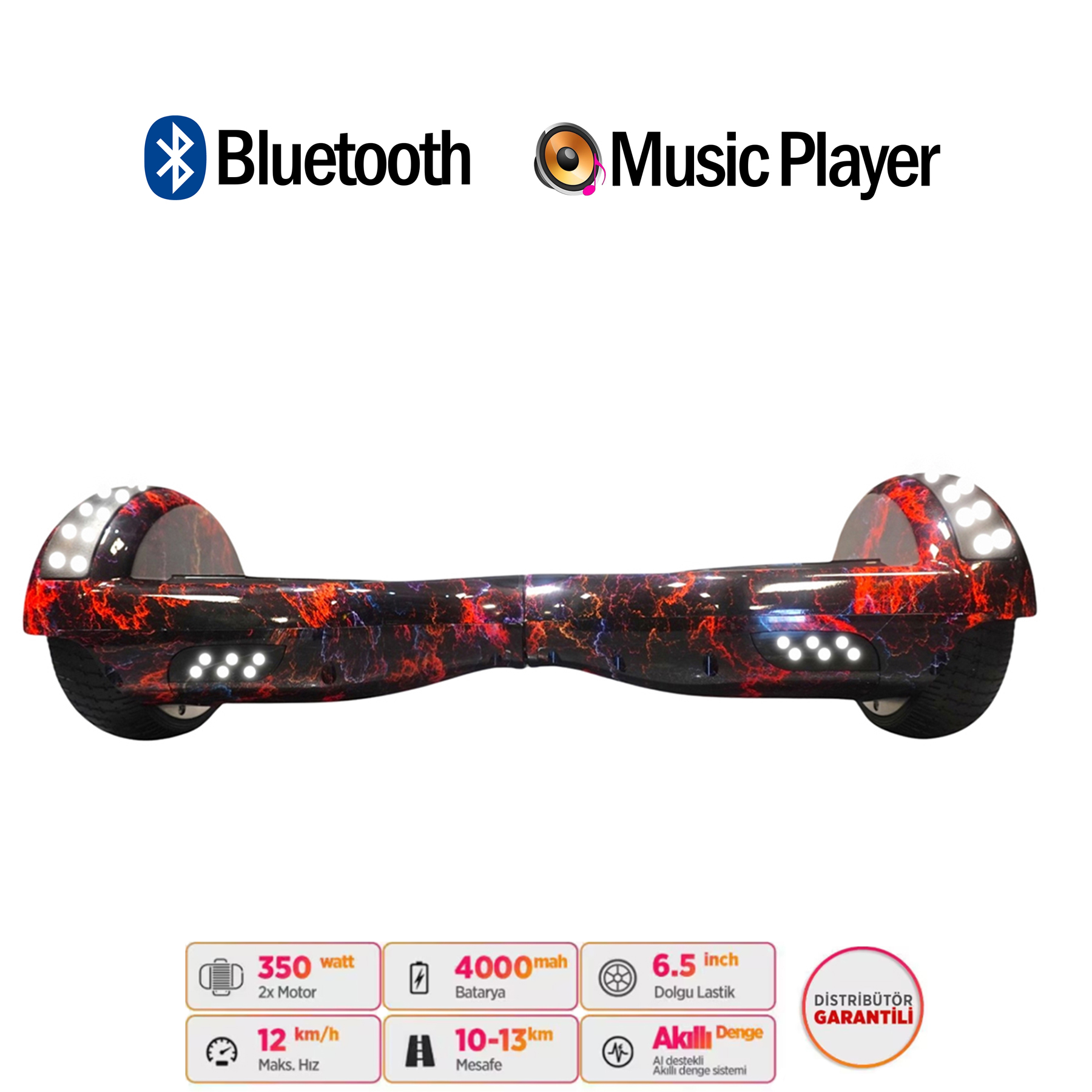 Bluetooth ve Müzik Çalar simgeli kırmızı ve siyah mermer desenli hoverboard.