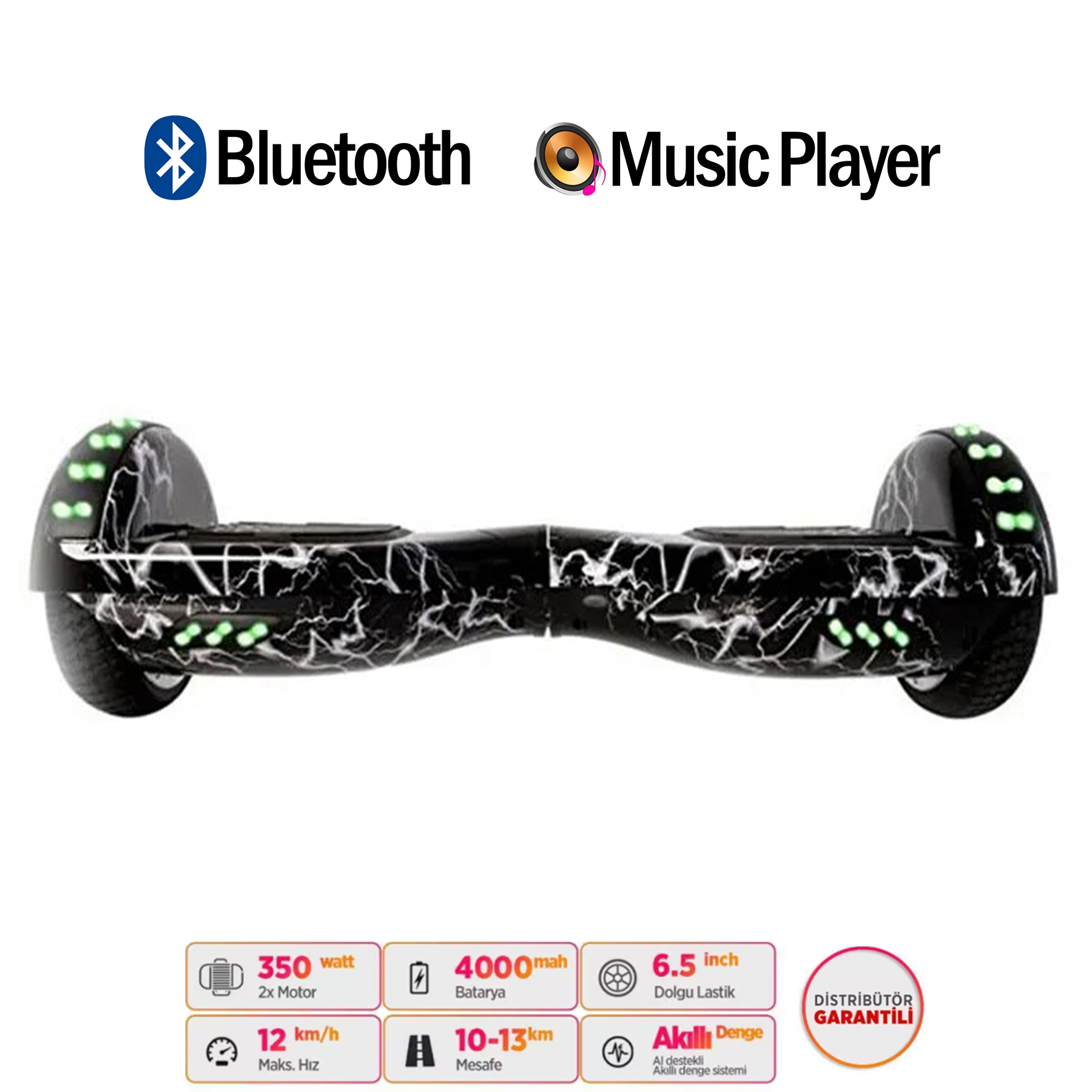 Siyah hoverboard, beyaz şimşek desenli ve yeşil ışıklı.
