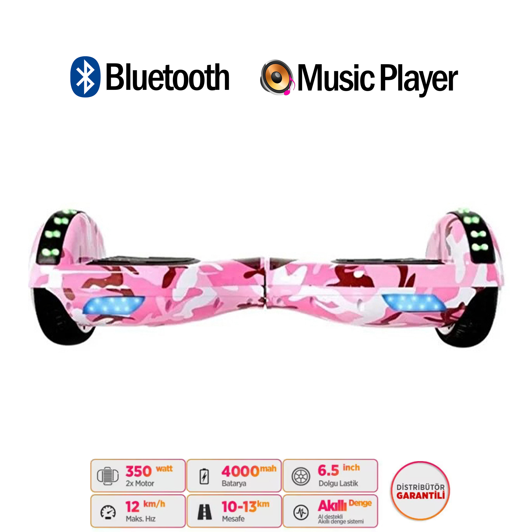 Bluetooth, müzik çalar, 350W, 12 km/s hız ve 10-13 km menzile sahip pembe kamuflaj hoverboard.
