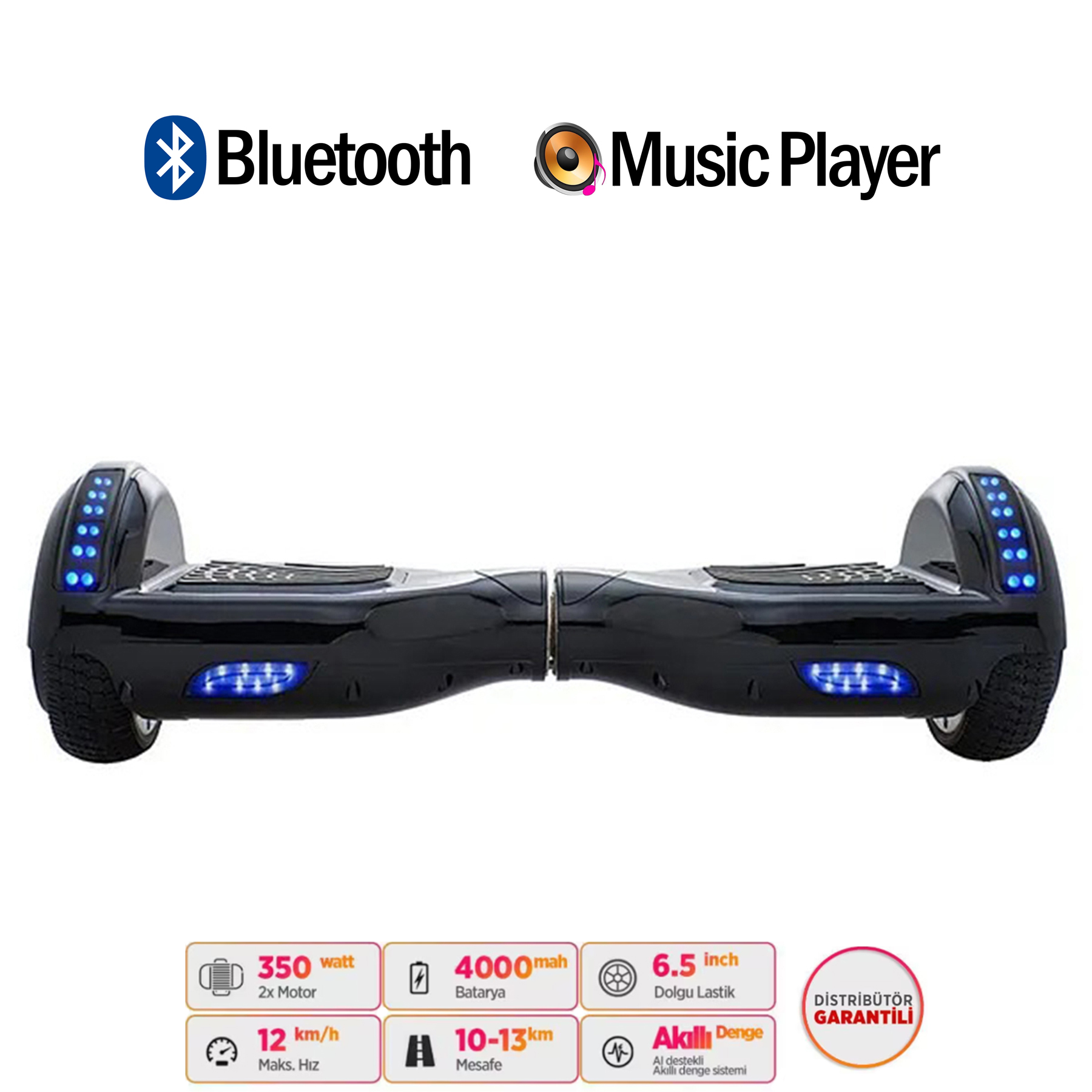 Mavi ışıklı siyah hoverboard, Bluetooth ve Müzik Çalar ikonları.