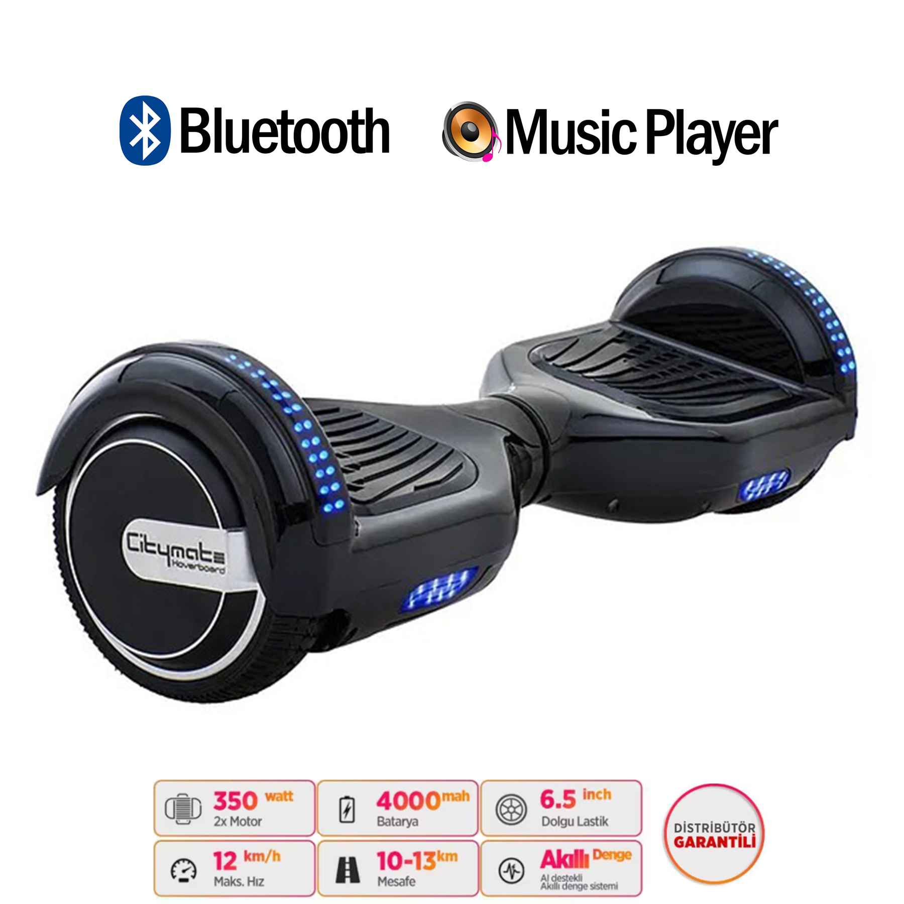 Mavi ışıklı, Bluetooth müzik çalarlı siyah hoverboard.