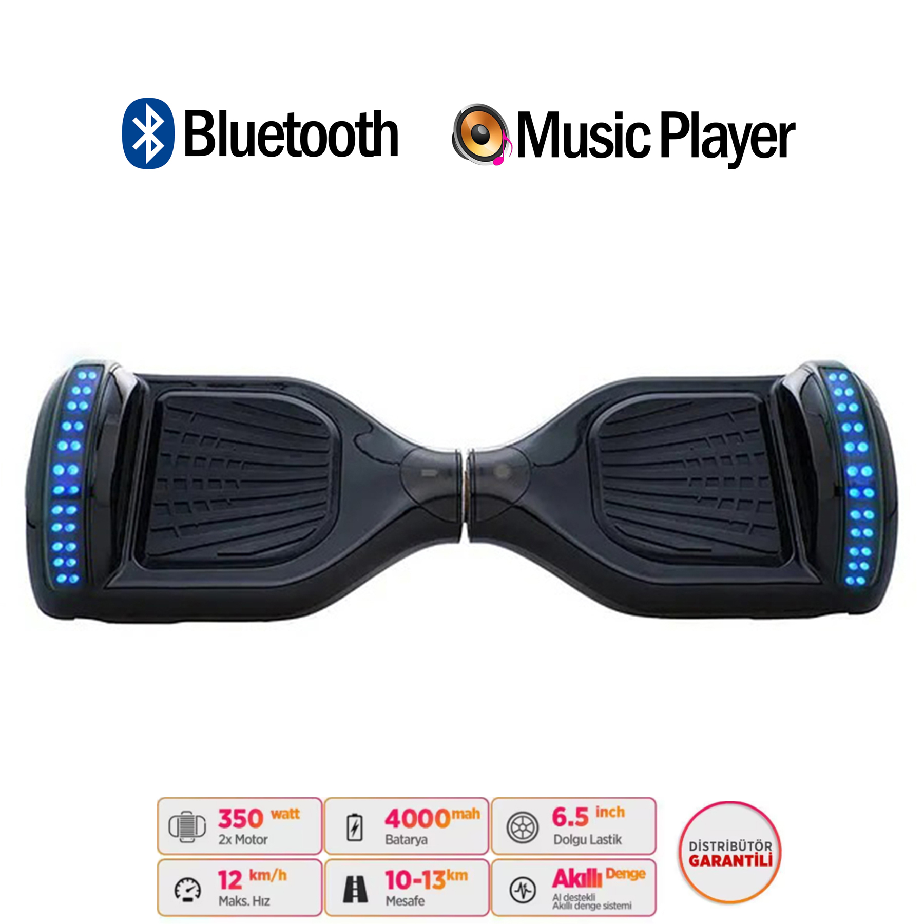 Mavi ışıklı siyah hoverboard ve teknik özellikler.