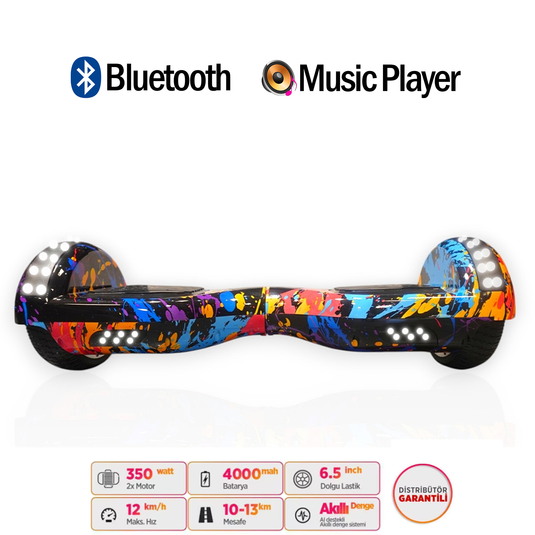 Bluetooth ve müzik çalar özellikli renkli hoverboard.