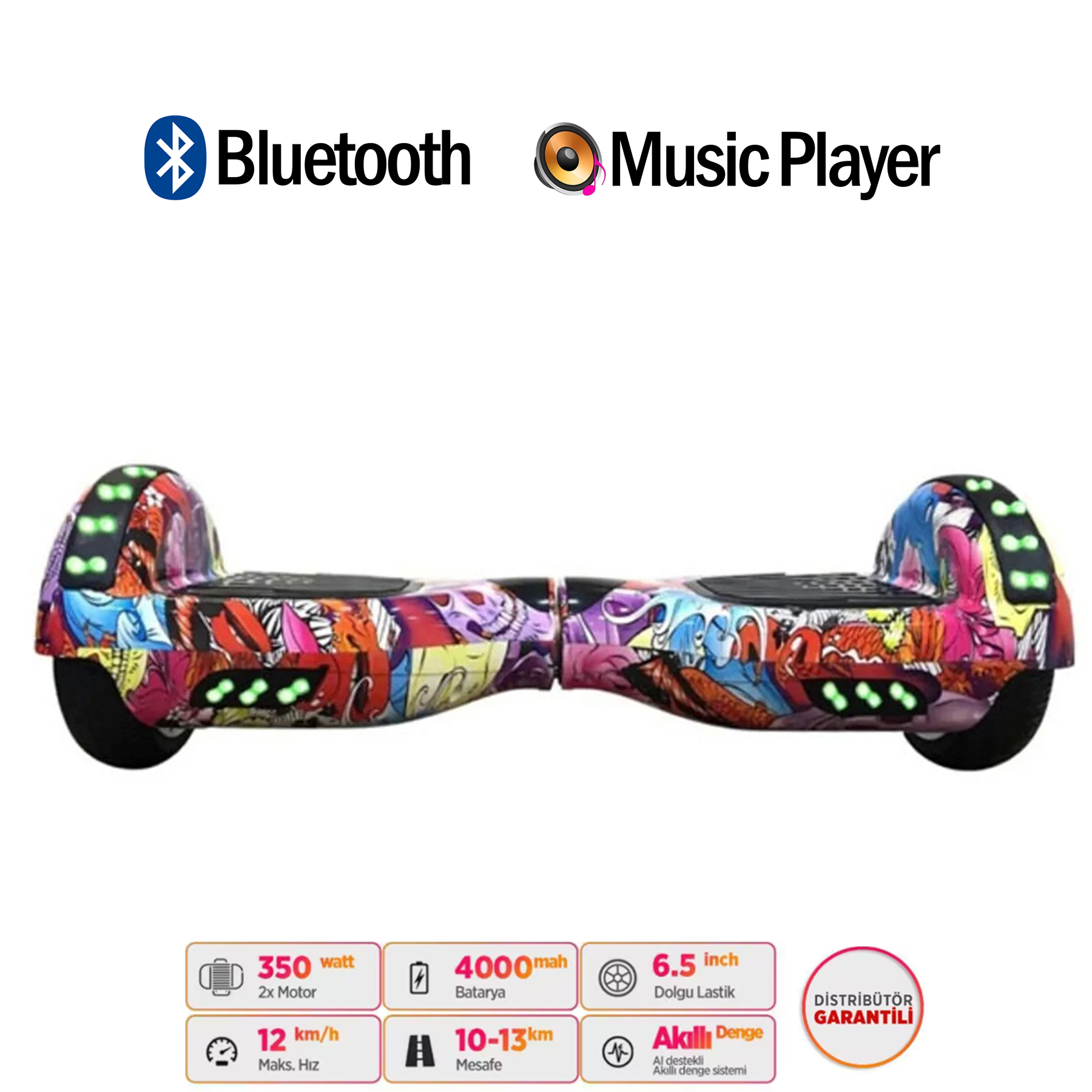 Graffiti tasarımlı Hoverboard, Bluetooth, Müzik Çalar, 350W, 4000mAh, 6.5 inç lastikler.