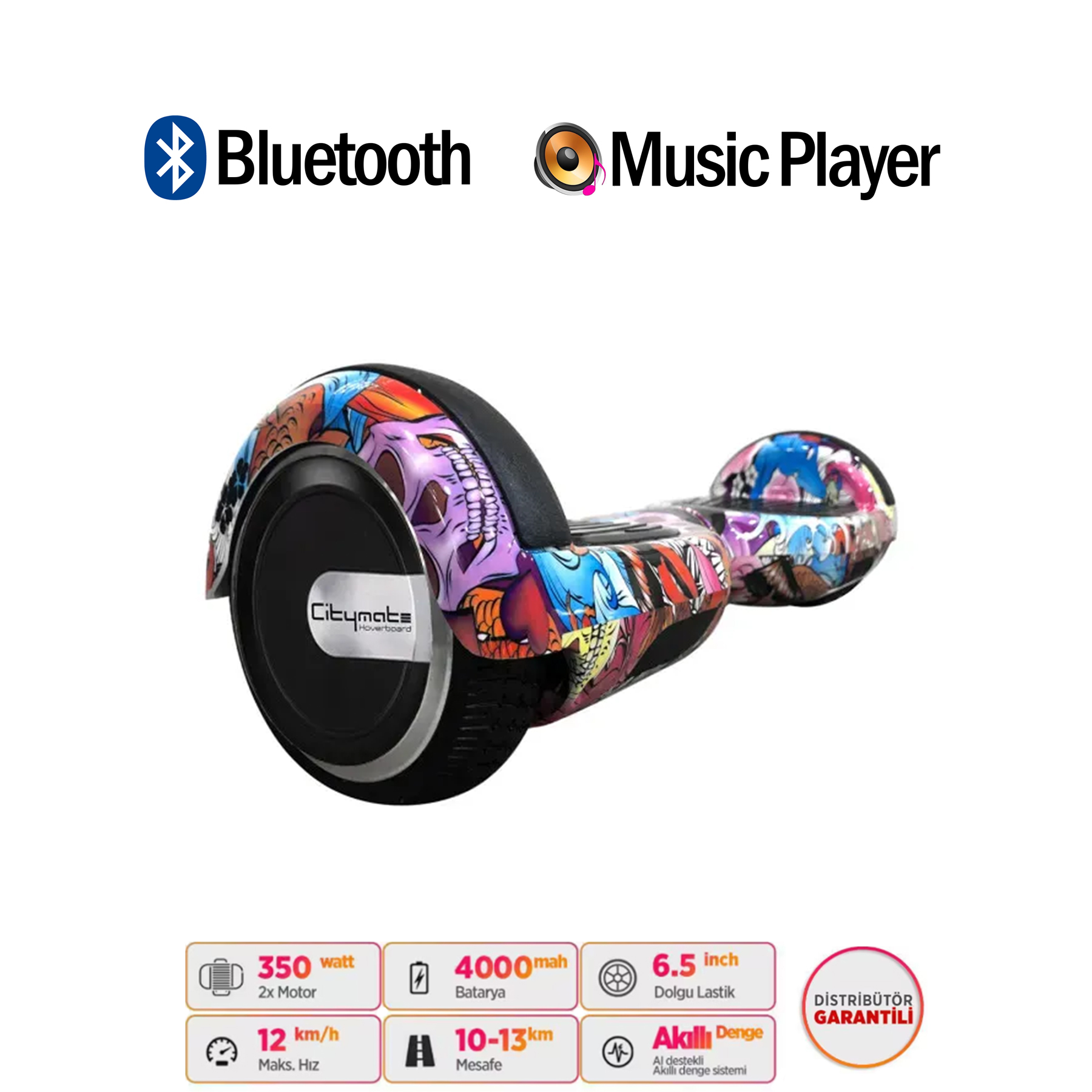 Bluetooth ve müzik çalar özellikli, renkli hoverboard, teknik özellikler listelenmiş.
