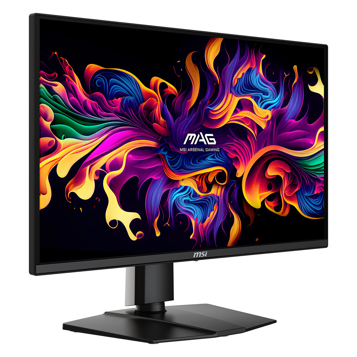 Ekranında canlı, soyut bir arka plan gösteren siyah bir MSI monitör.