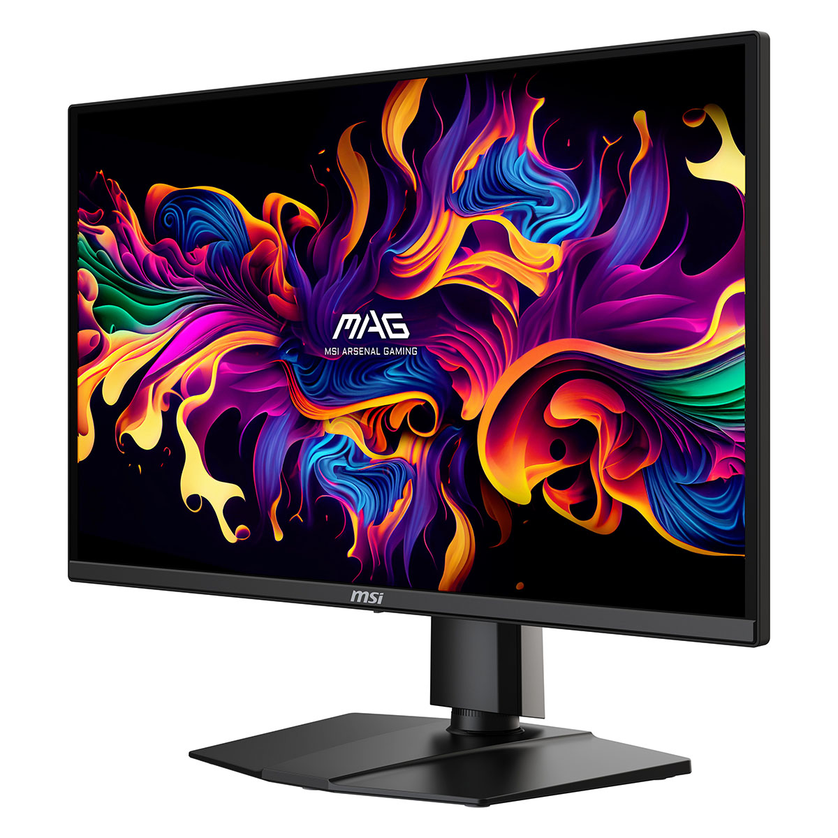 Siyah bir MSI monitör, MAG logosuyla renkli, soyut, ateşli bir tasarım sergiliyor.