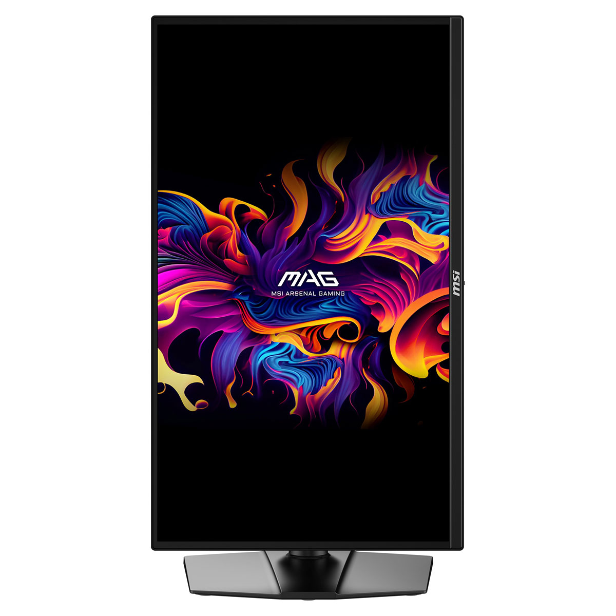 MSI logosu ve renkli soyut tasarıma sahip dikey monitör.