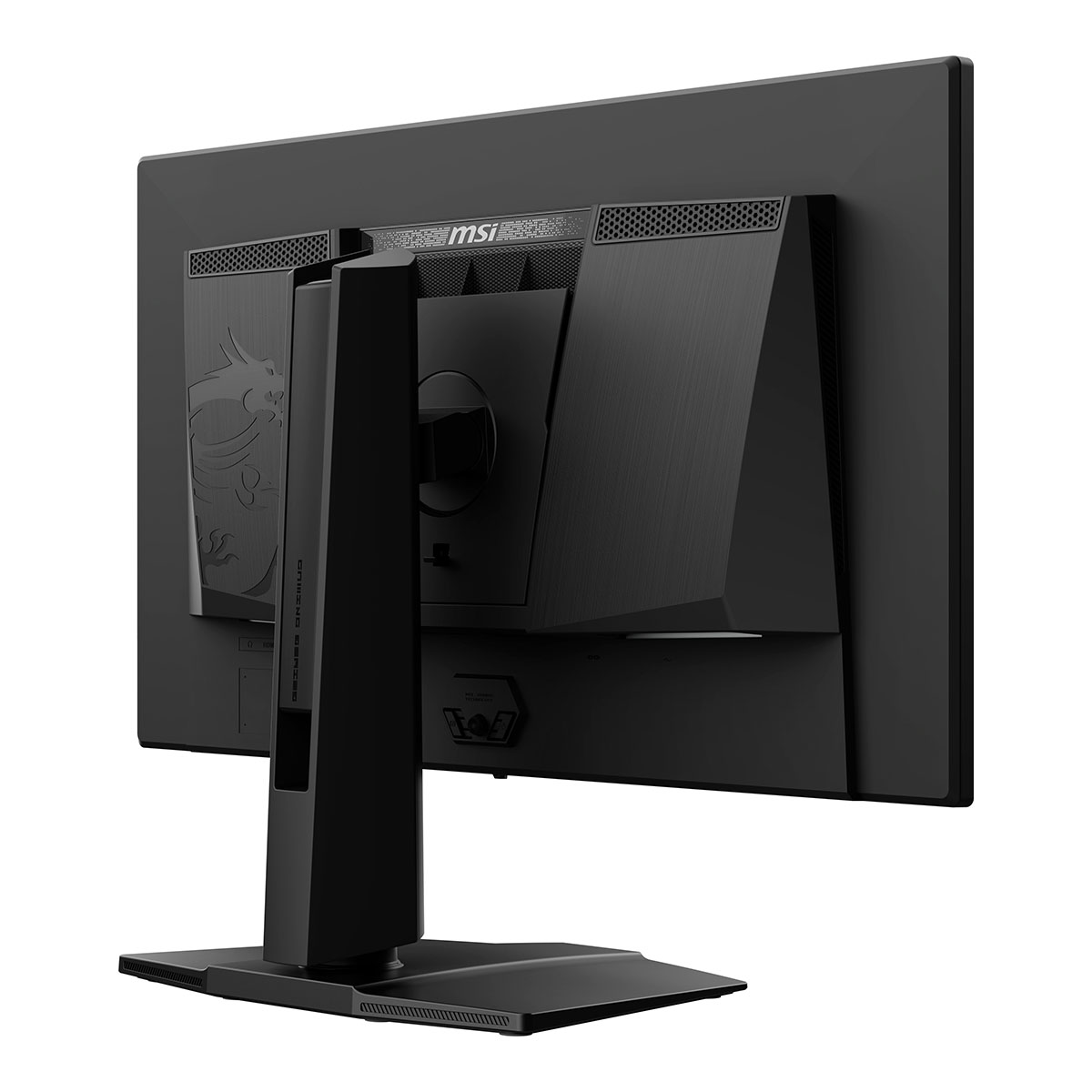 Ejderha logolu ve havalandırma delikli siyah MSI oyuncu monitörünün arka görünümü.