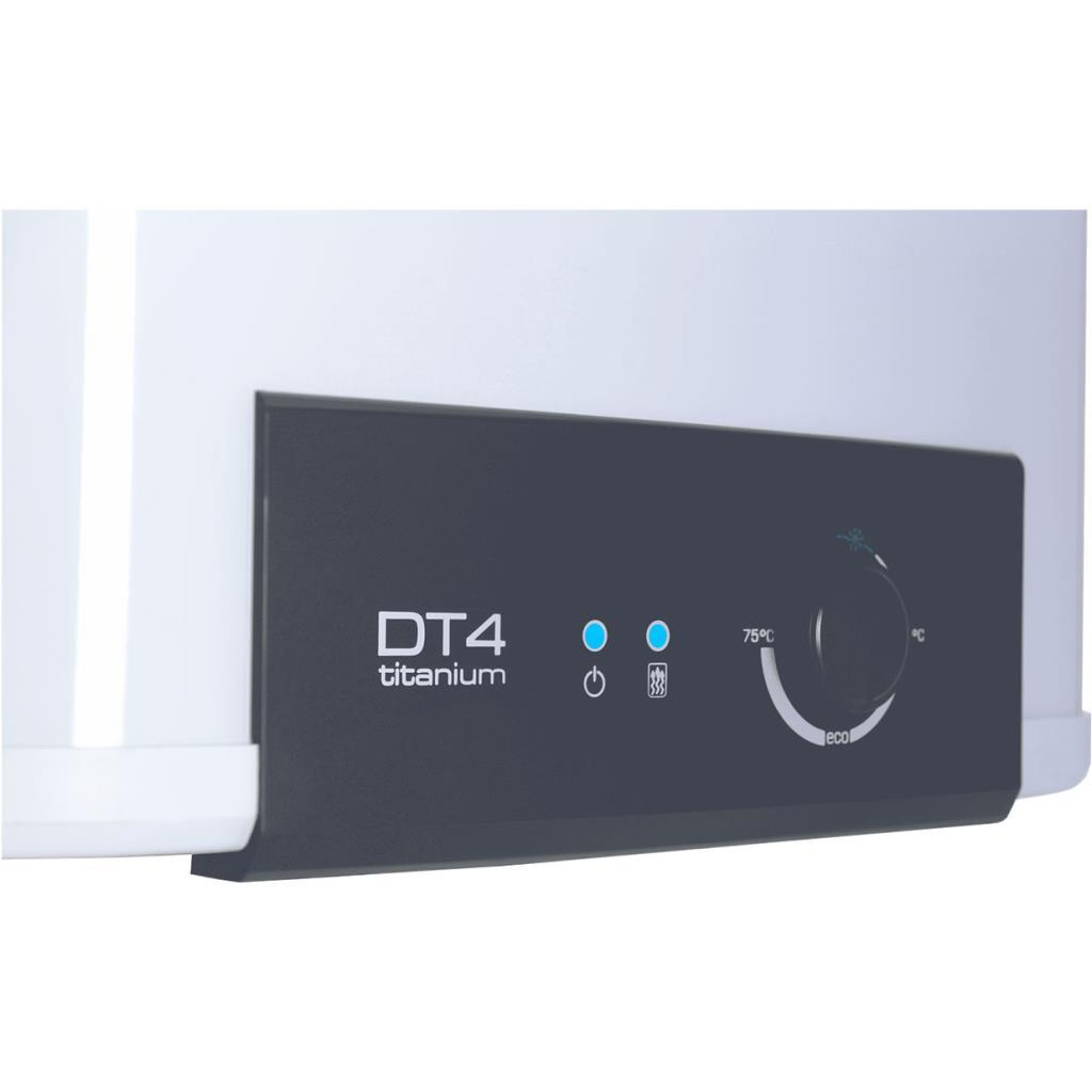 DT4 titanium yazan koyu renkli kontrol paneline sahip beyaz bir cihaz.
