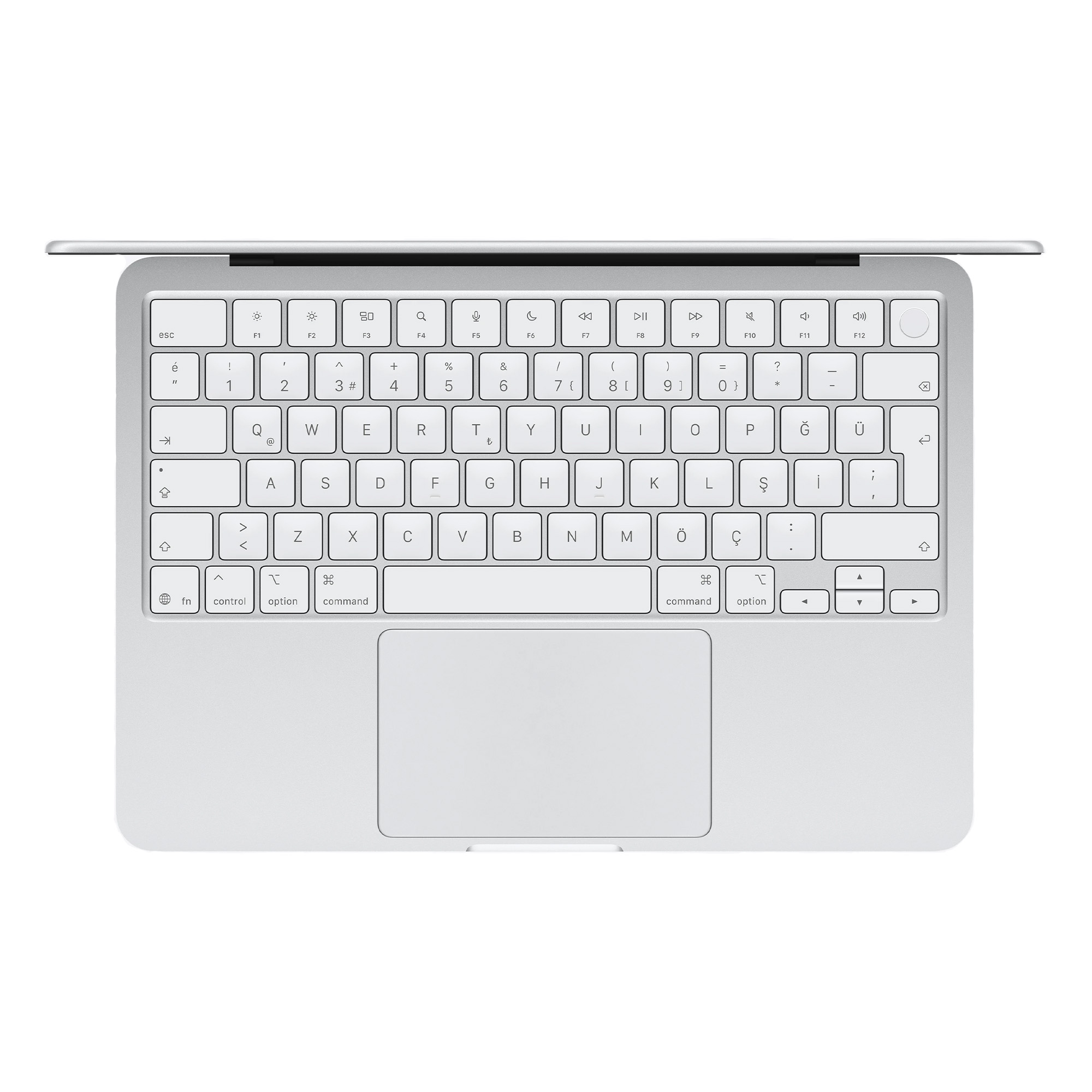 Gümüş MacBook açık kapaklı, klavye ve trackpad odaklı.