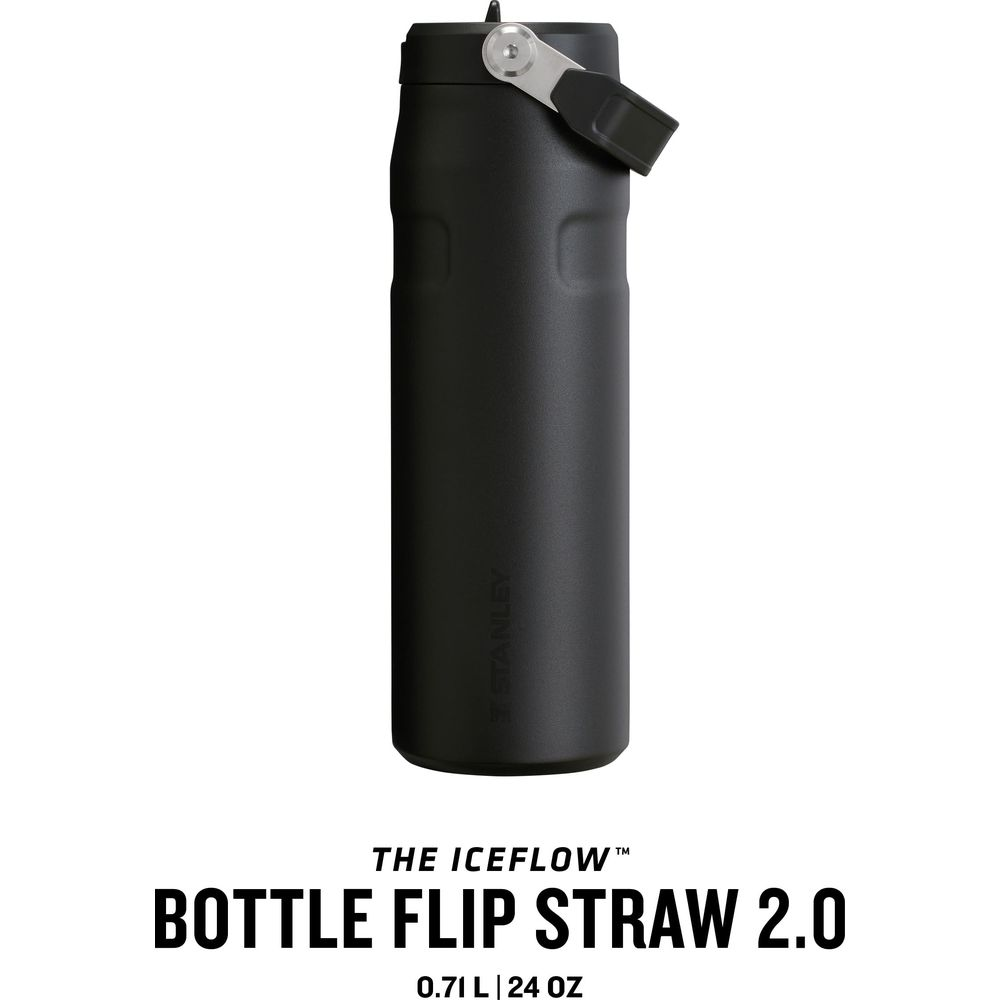 Botella negra Stanley IceFlow 2.0 con tapa abatible y asa.