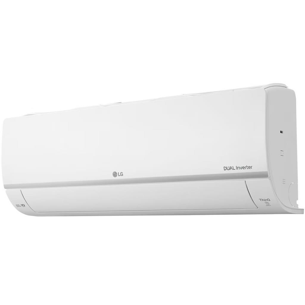Beyaz LG klima ünitesi Dual Inverter teknolojisiyle, beyaz arka planda izole edilmiş.